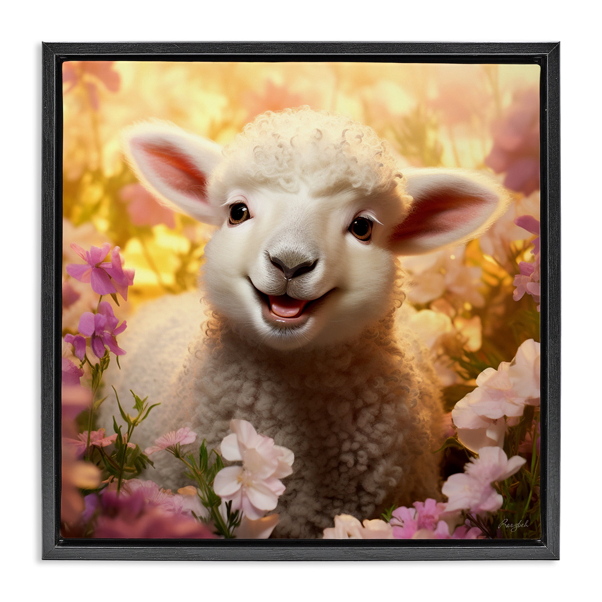 Stupell Industries Lamb in Flower Meadow Animals & Insects Painting Black Floater Framed Canvas Art Print Wall Art, 25 x 25