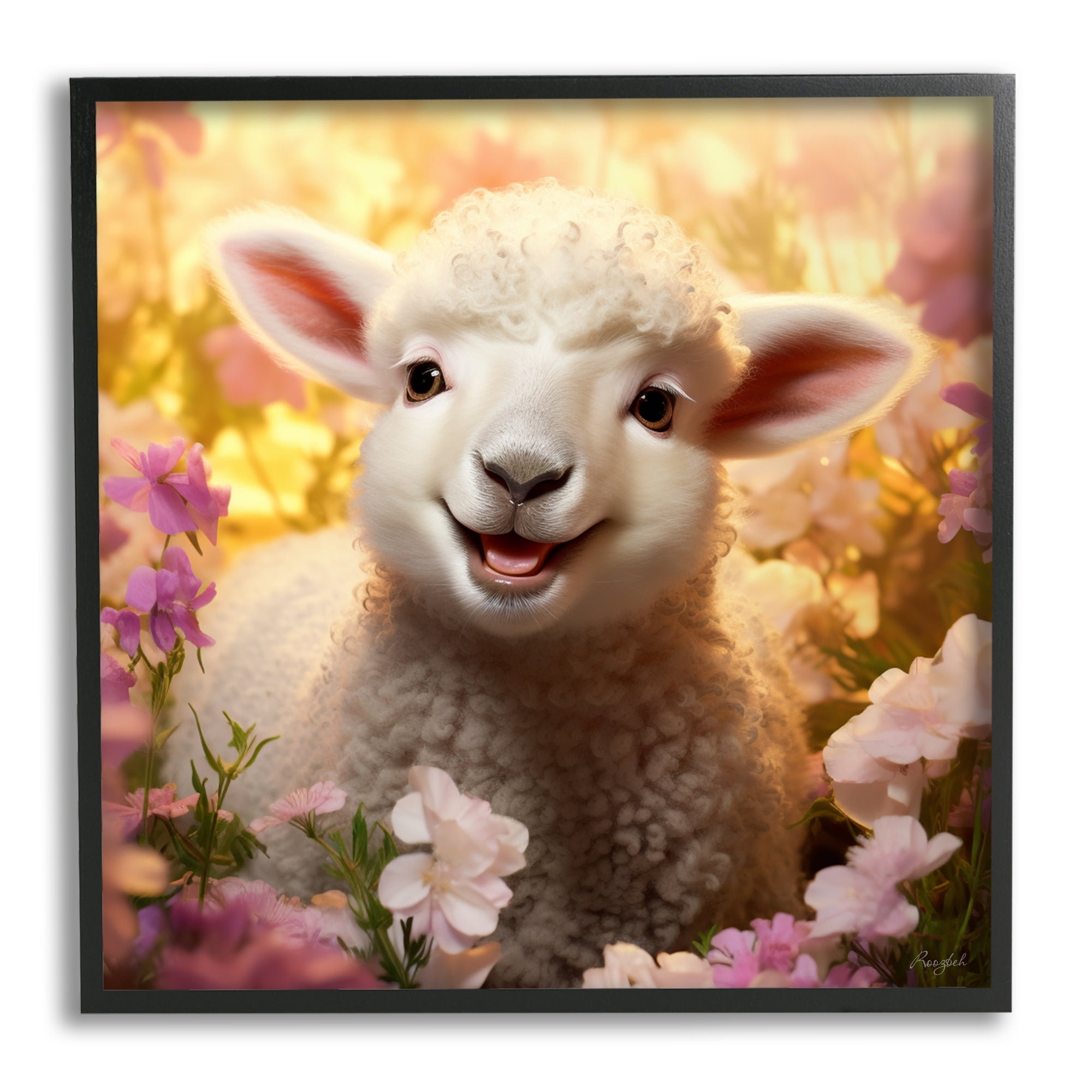 Stupell Industries Lamb in Flower Meadow Animals & Insects Painting Black Framed Art Print Wall Art, 24 x 24