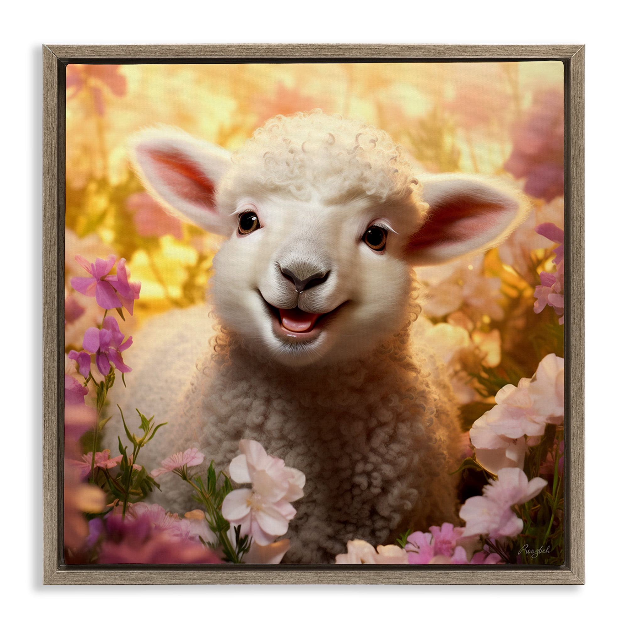 Stupell Industries Lamb in Flower Meadow Animals & Insects Painting Brown Floater Framed Canvas Art Print Wall Art, 18 x 18