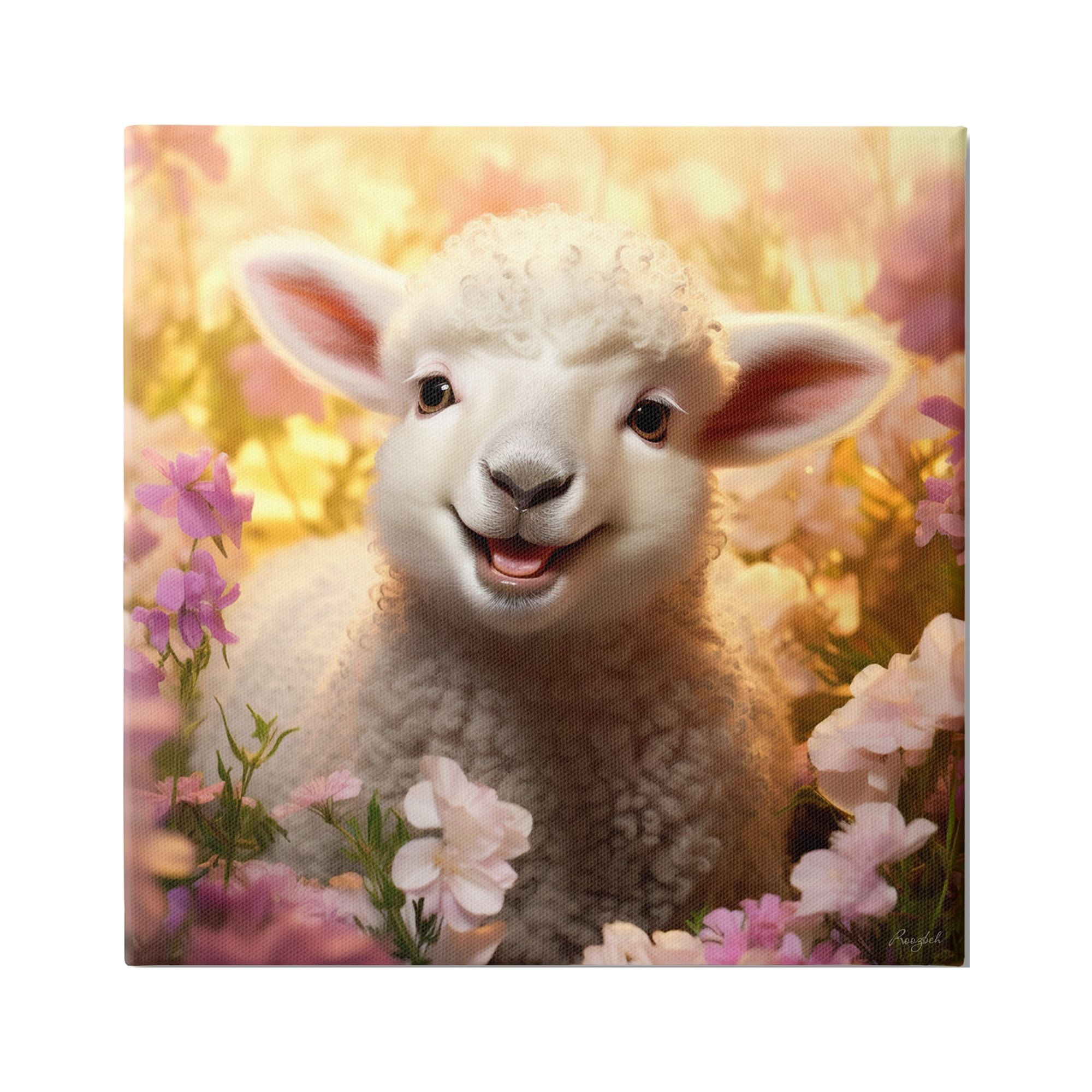 Stupell Industries Lamb in Flower Meadow Animals & Insects Painting Gallery Wrapped Canvas Art Print Wall Art, 17 x 17