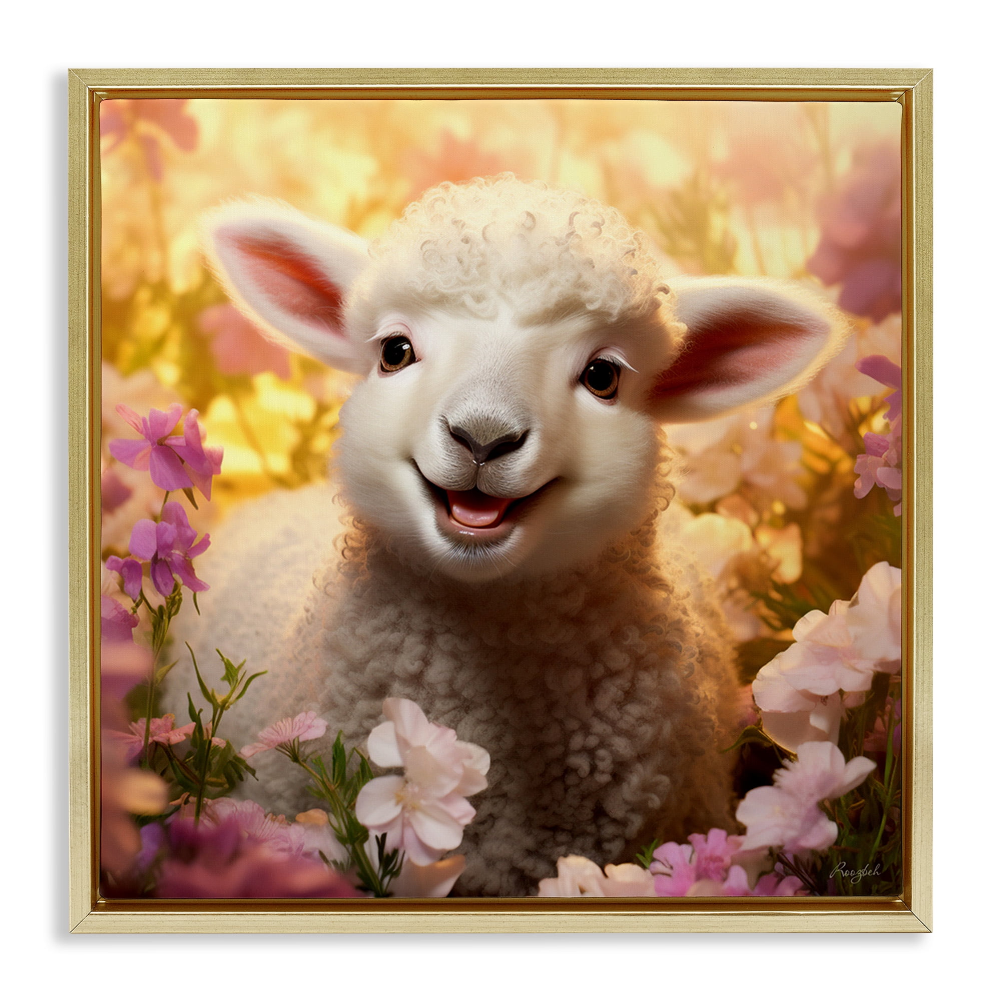 Stupell Industries Lamb in Flower Meadow Animals & Insects Painting Gold Floater Framed Canvas Art Print Wall Art, 18 x 18