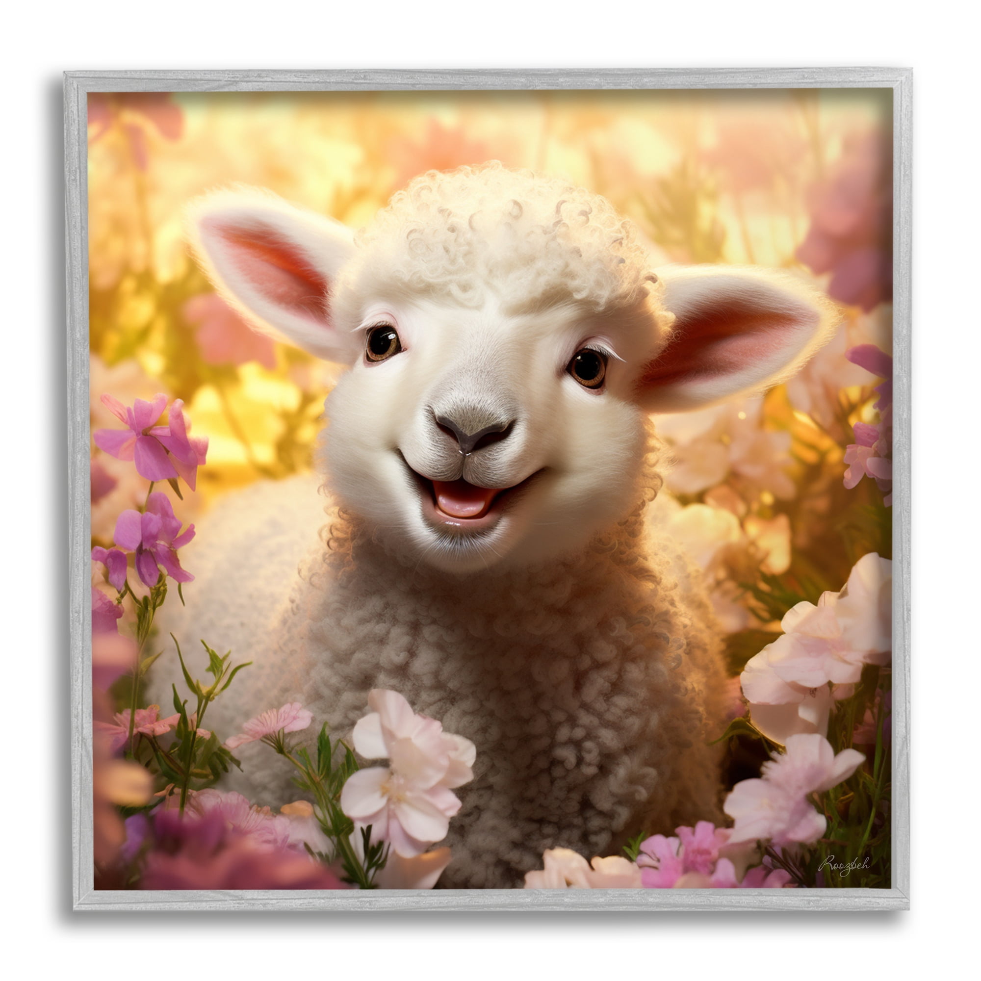 Stupell Industries Lamb in Flower Meadow Animals & Insects Painting Gray Framed Art Print Wall Art, 17 x 17