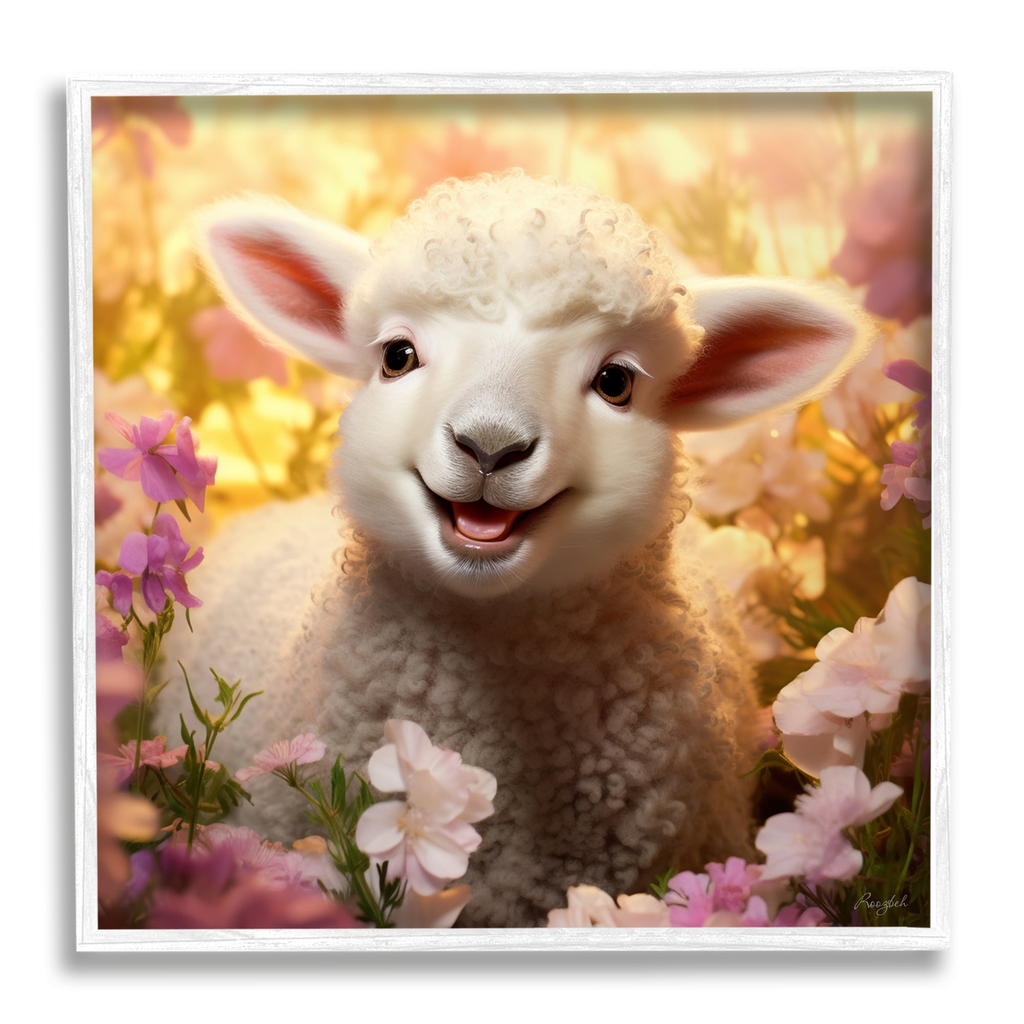 White Framed Lamb in Flower Meadow Canvas Print, 12" x 12"