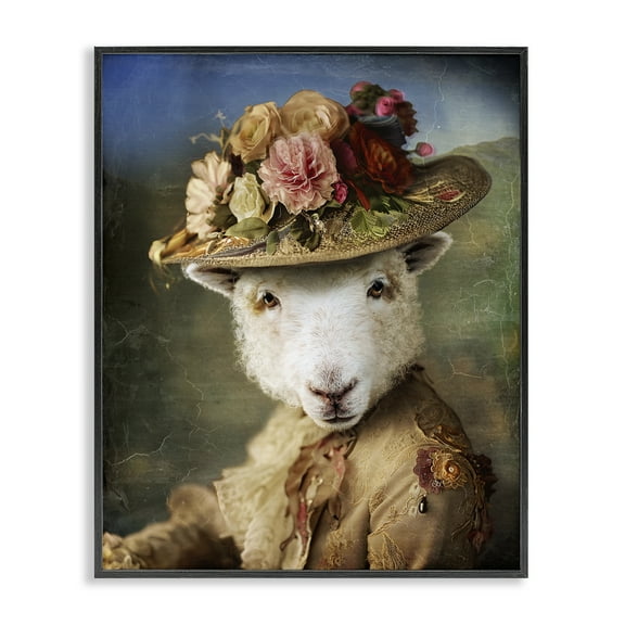 Stupell Industries Lamb with Floral Hat Animals & Insects Painting Black Framed Art Print Wall Art, 11 x 14