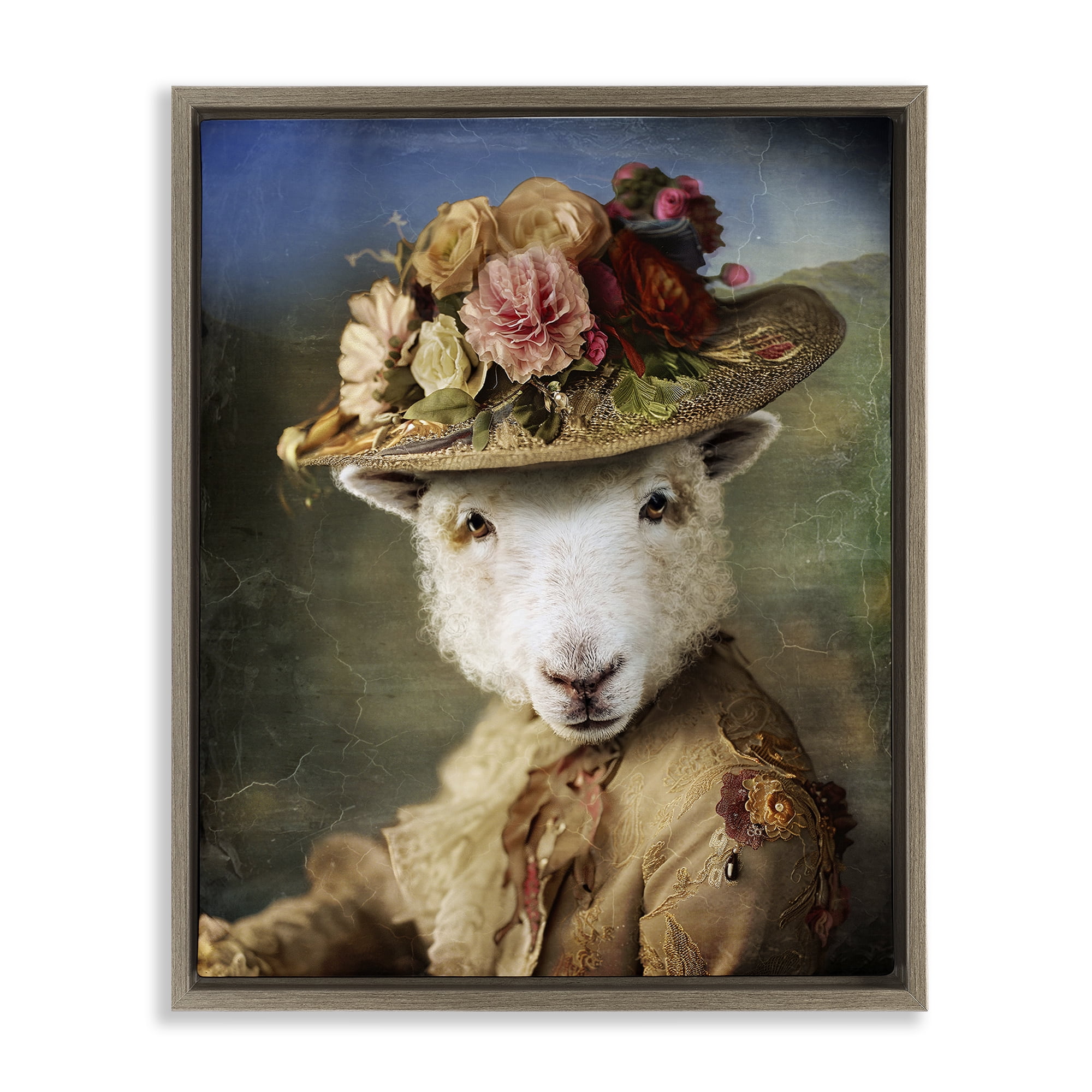Stupell Industries Lamb with Floral Hat Animals & Insects Painting Brown Floater Framed Canvas Art Print Wall Art, 25 x 31