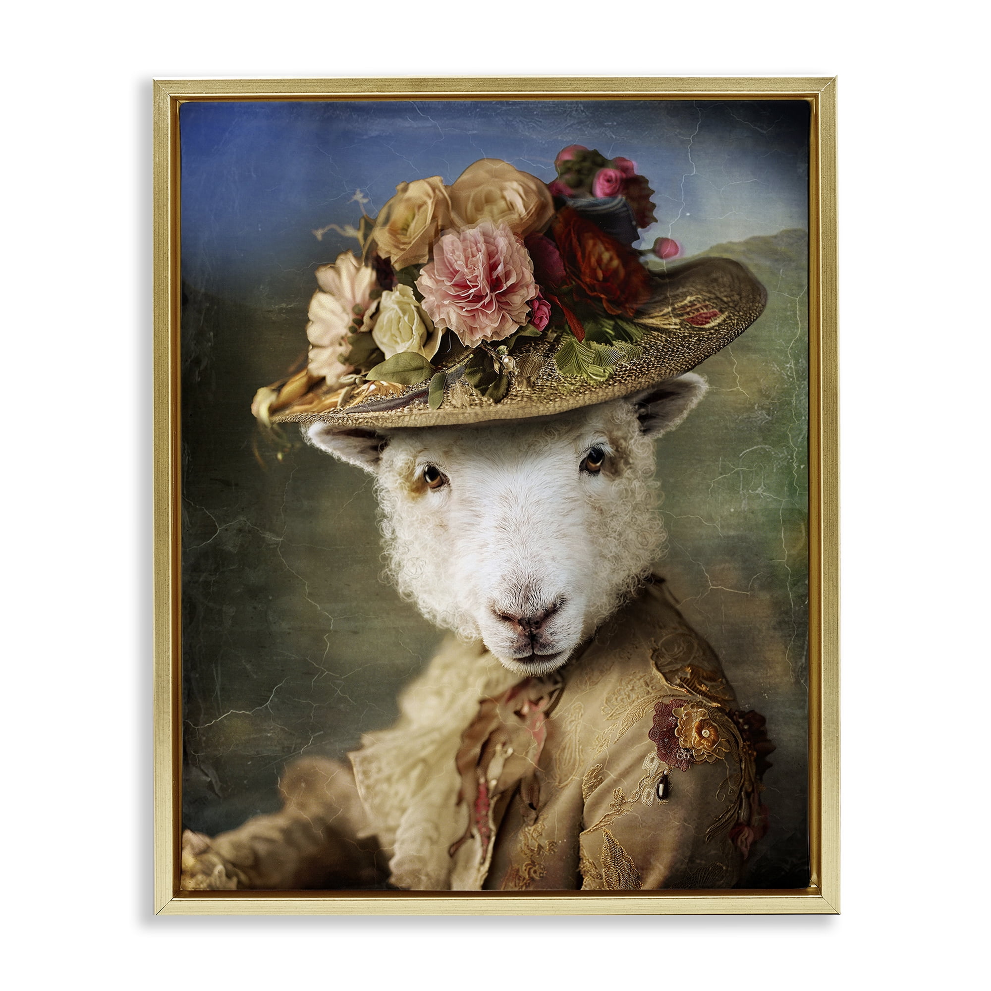 Stupell Industries Lamb with Floral Hat Animals & Insects Painting Gold Floater Framed Canvas Art Print Wall Art, 17 x 21