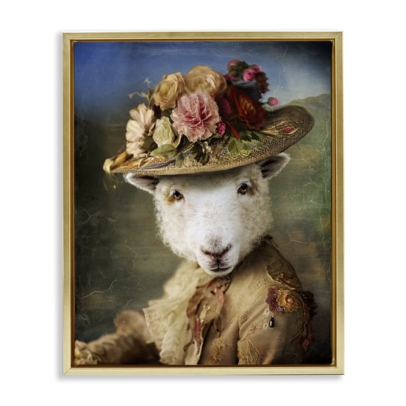 Stupell Industries Glam Lamb with Floral Hat Gold Floating Frame Canvas Art, 25 x 31, by Karen Burke