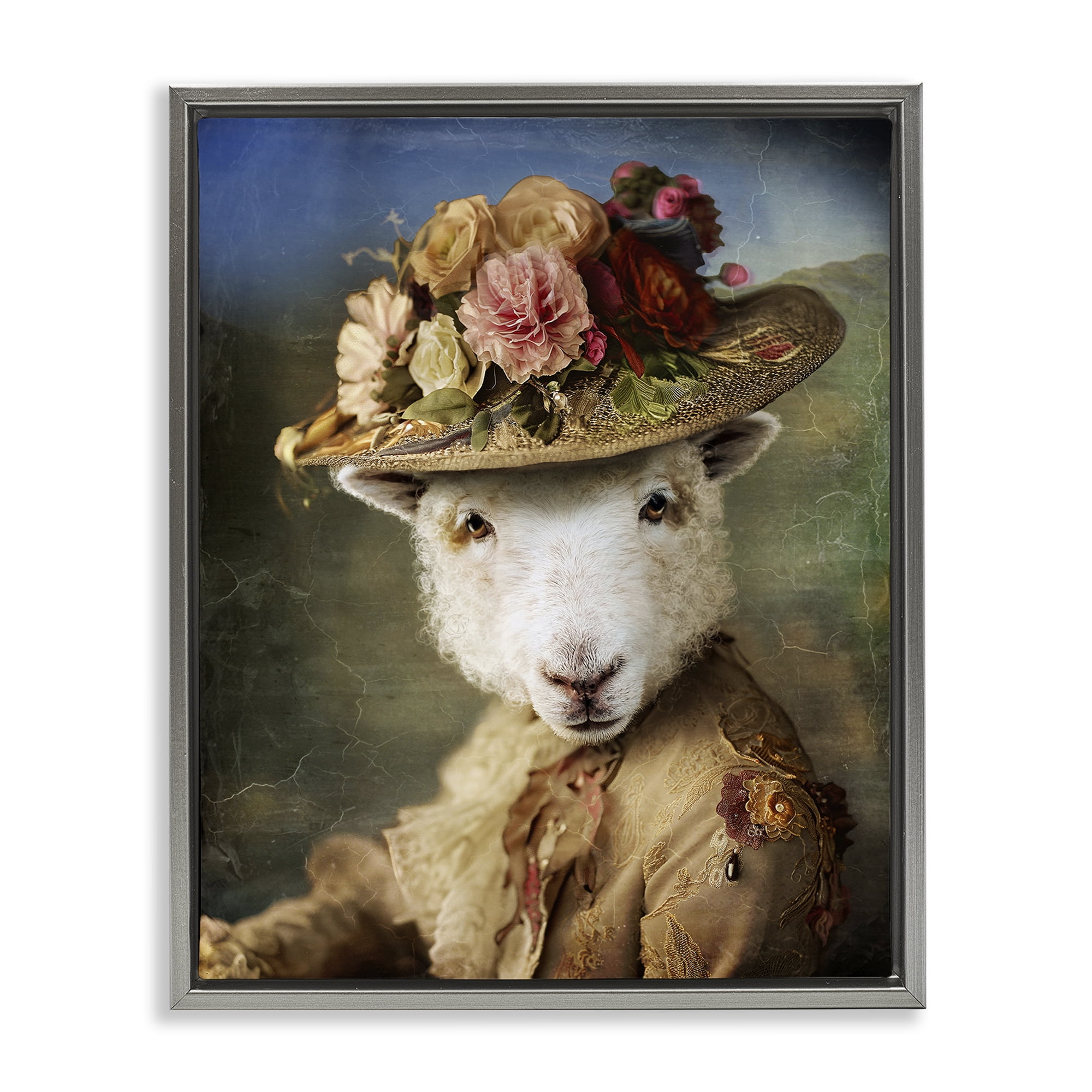 Stupell Industries Lamb with Floral Hat Animals & Insects Painting Gray Floater Framed Canvas Art Print Wall Art, 17 x 21