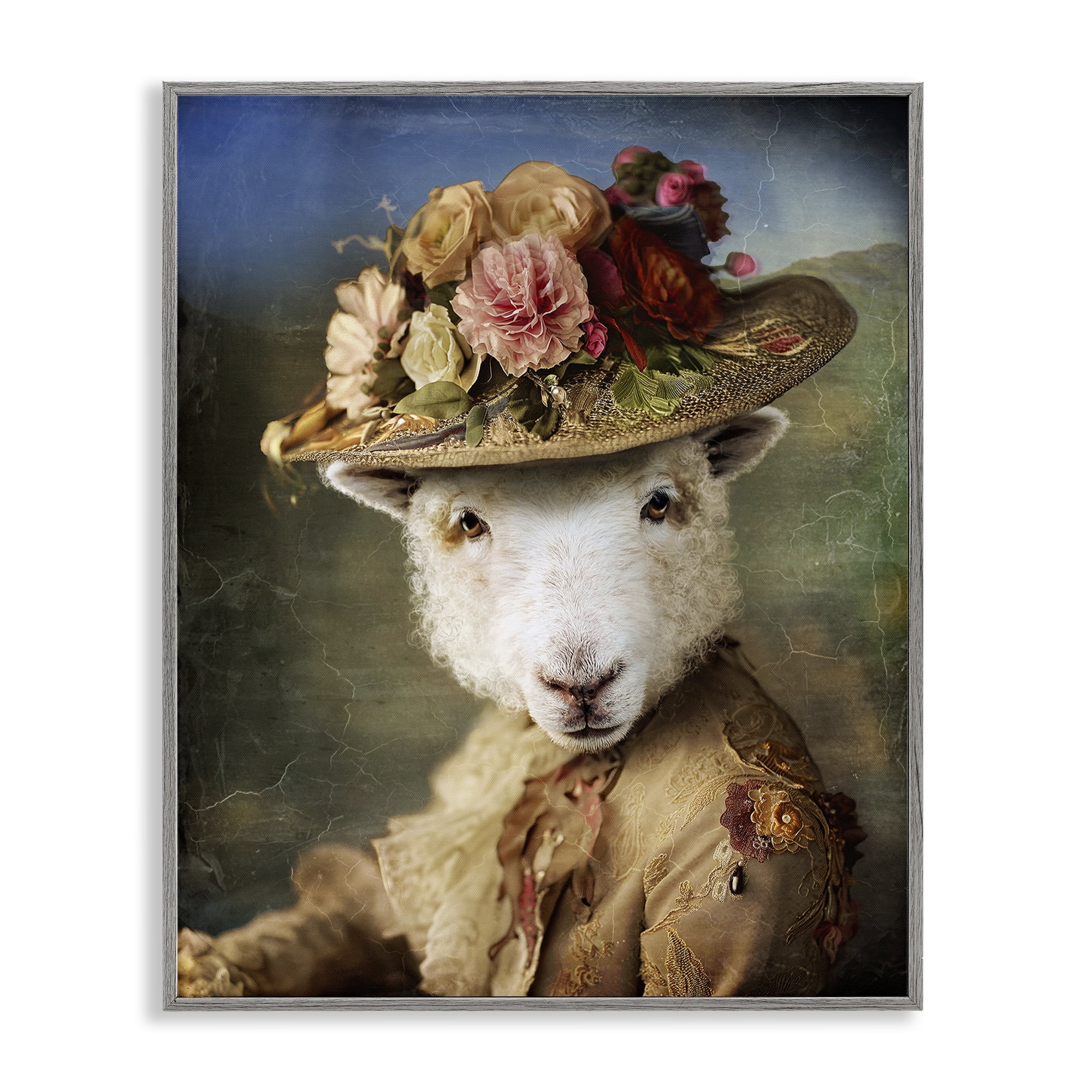 Stupell Industries Lamb with Floral Hat Animals & Insects Painting Gray Framed Art Print Wall Art, 16 x 20