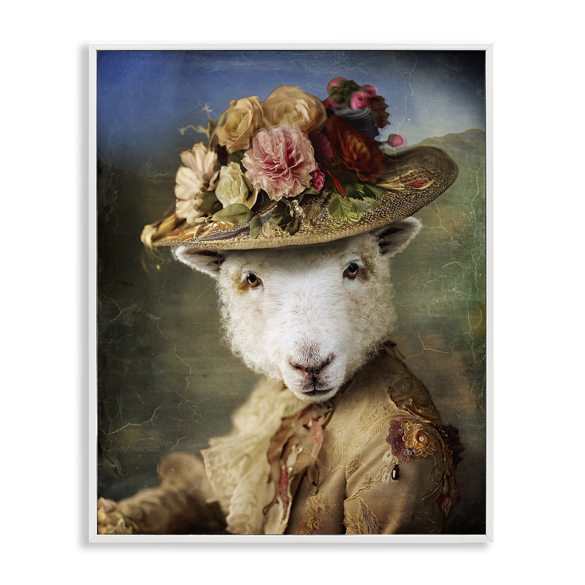 Stupell Industries Lamb with Floral Hat Animals & Insects Painting White Framed Art Print Wall Art, 16 x 20