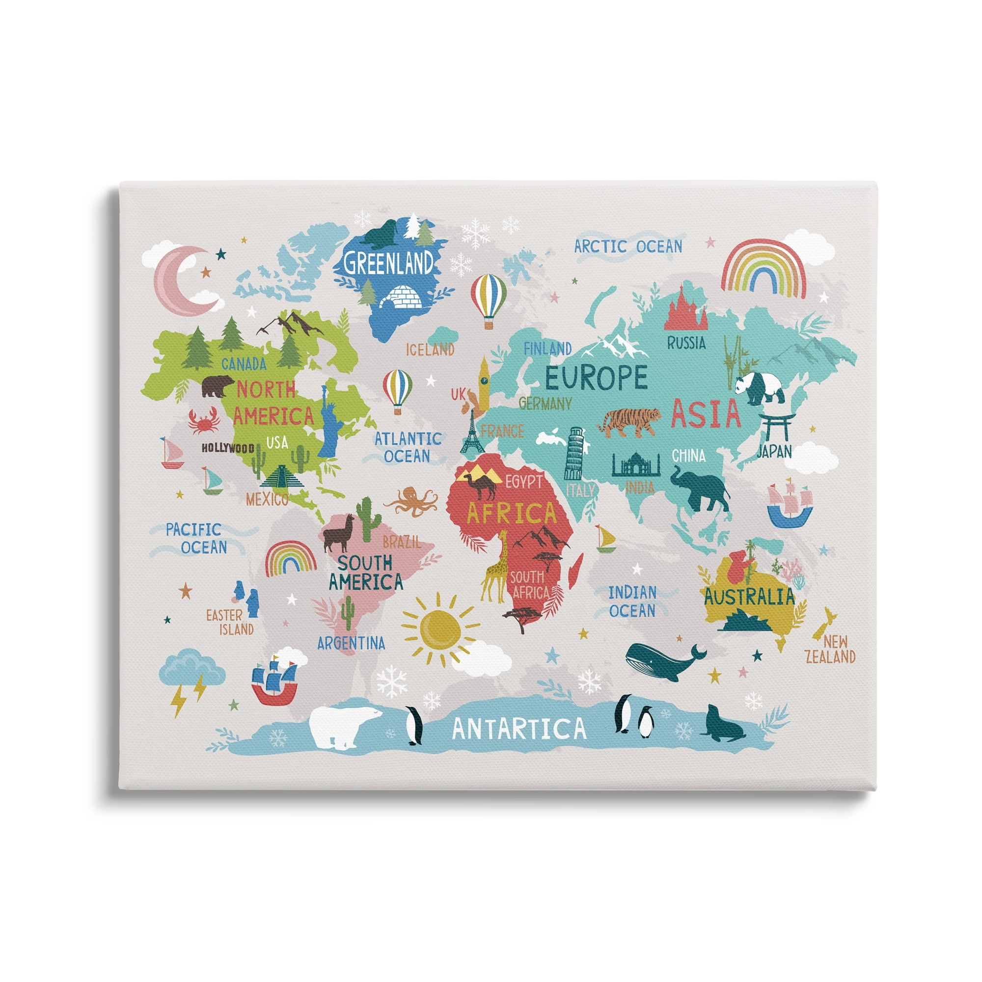 Stupell Industries Landmarks & Wildlife Illustration World Map Diagram Chart Canvas Wall Art, 20 x 16, Design by Lisa Perry Whitebutton