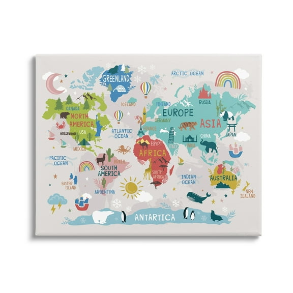Stupell Industries Landmarks & Wildlife Illustration World Map Diagram Chart Canvas Wall Art, 40 x 30, Design by Lisa Perry Whitebutton