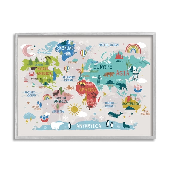 Stupell Industries Landmarks & Wildlife Illustration World Map Diagram Chart Framed Wall Art, 30 x 24, Design by Lisa Perry Whitebutton