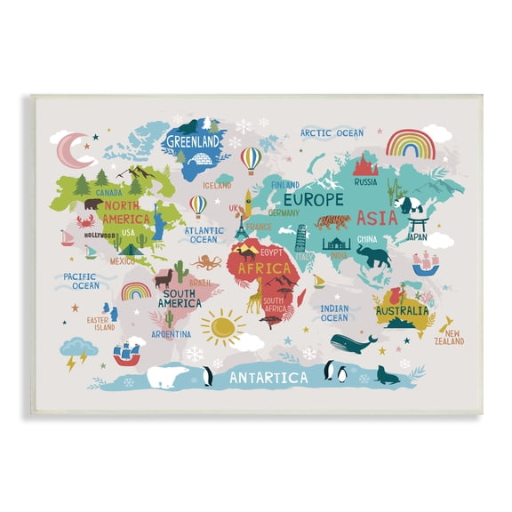 Stupell Industries Landmarks & Wildlife Illustration World Map Diagram Chart Wood Wall Art, 19 x 13, Design by Lisa Perry Whitebutton