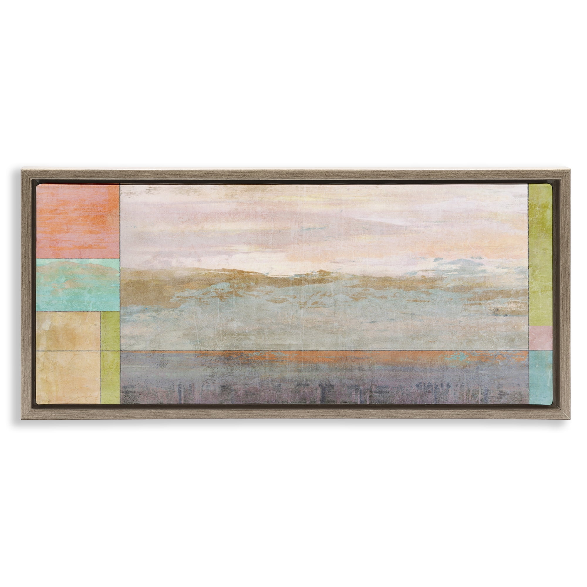 Stupell Industries Landscape & Geometric Border Landscape Painting Brown Floater Framed Canvas Art Print Wall Art, 31 x 14