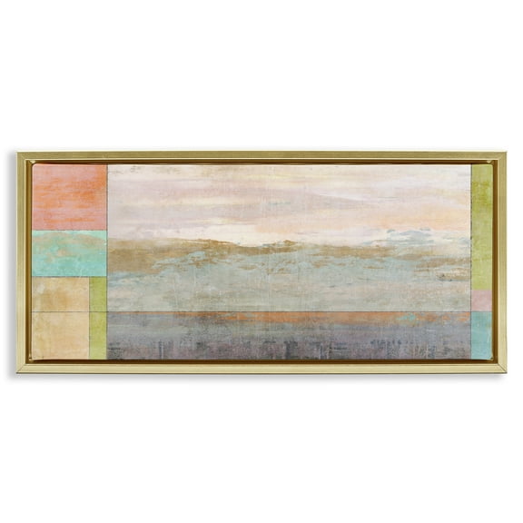 Stupell Industries Landscape & Geometric Border Landscape Painting Gold Floater Framed Canvas Art Print Wall Art, 31 x 14