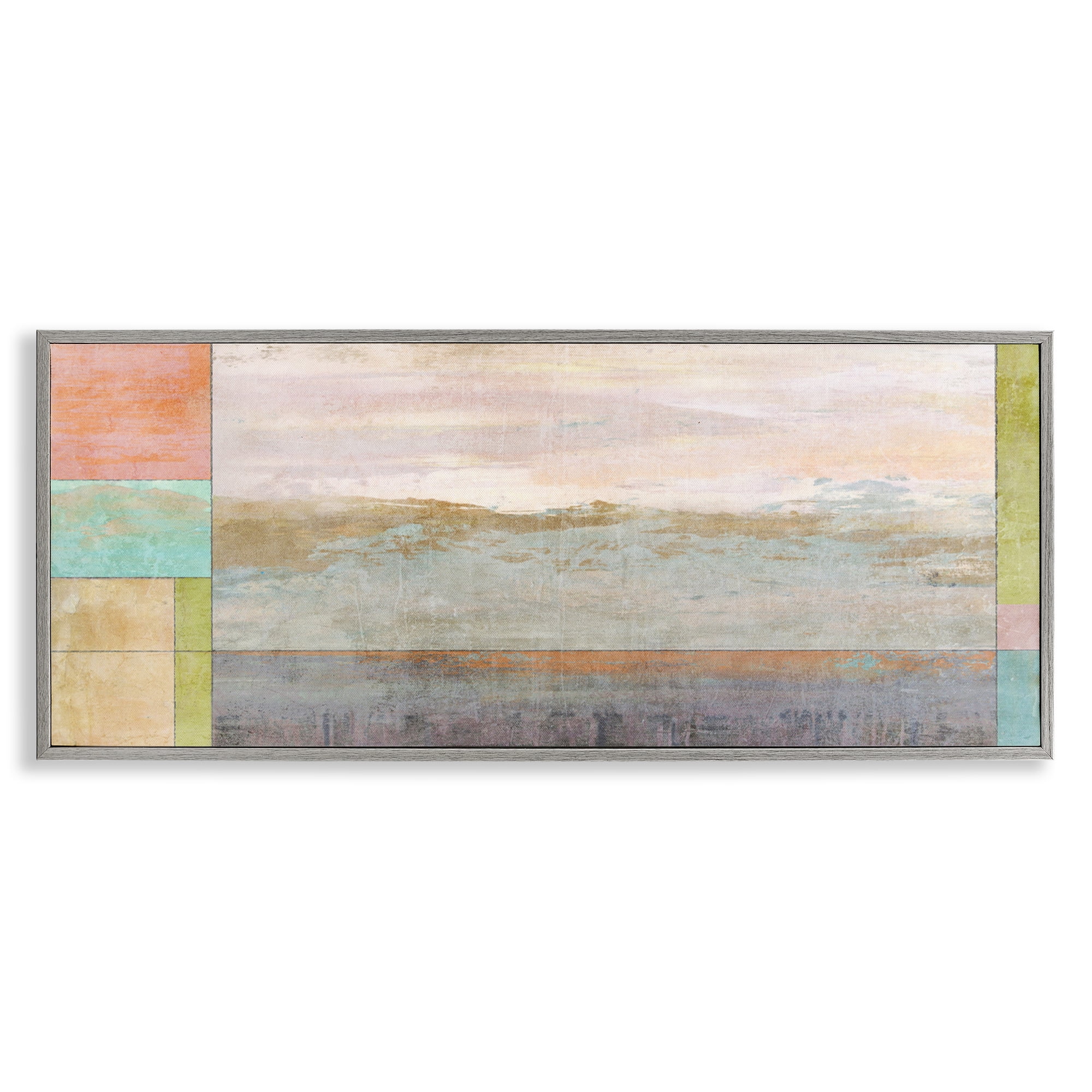 Stupell Industries Landscape & Geometric Border Landscape Painting Gray Framed Art Print Wall Art, 24 x 10