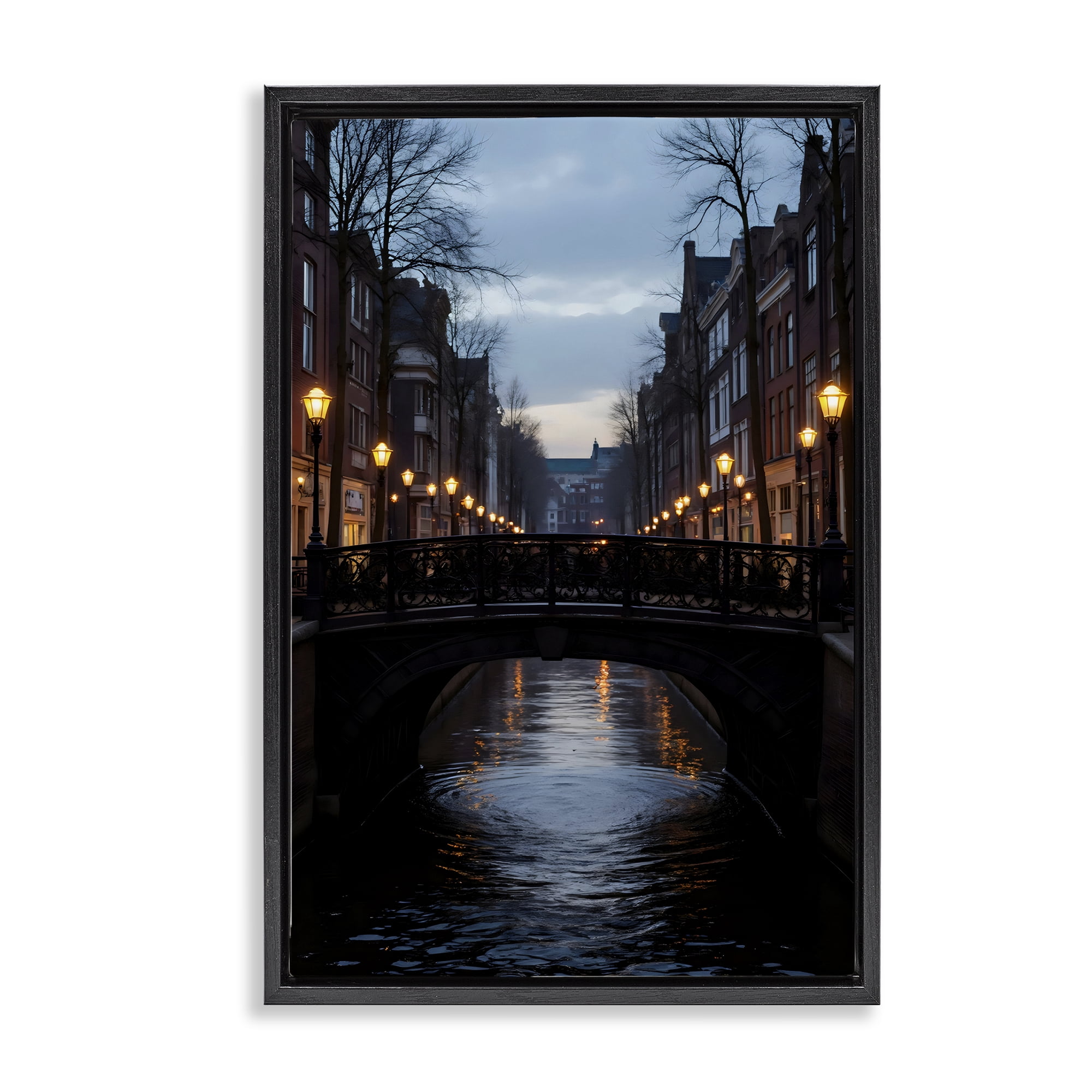 Stupell Industries Lantern Light over Quiet Canal Black Framed Floater Canvas Wall Art, design by Creative Studio
