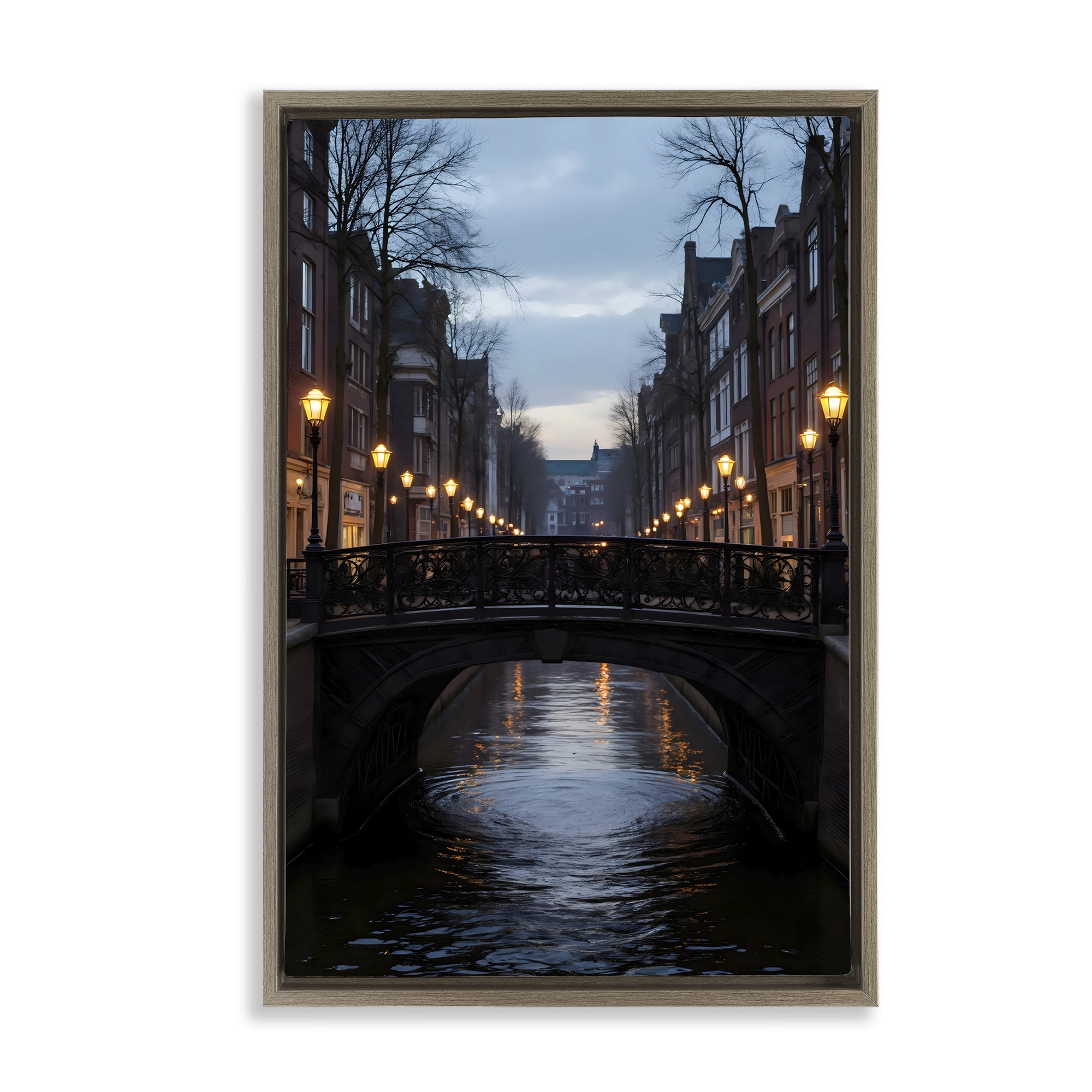 Stupell Industries Lantern Light over Quiet Canal Brown Framed Floater Canvas Wall Art, design by Creative Studio
