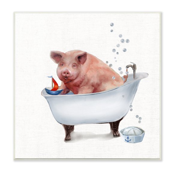 Stupell Industries Large Farm Pig in Bathtub Sailors Hat Bubbles Paintings Unframed Art Print Wall Art, 12x12, by Donna Brooks