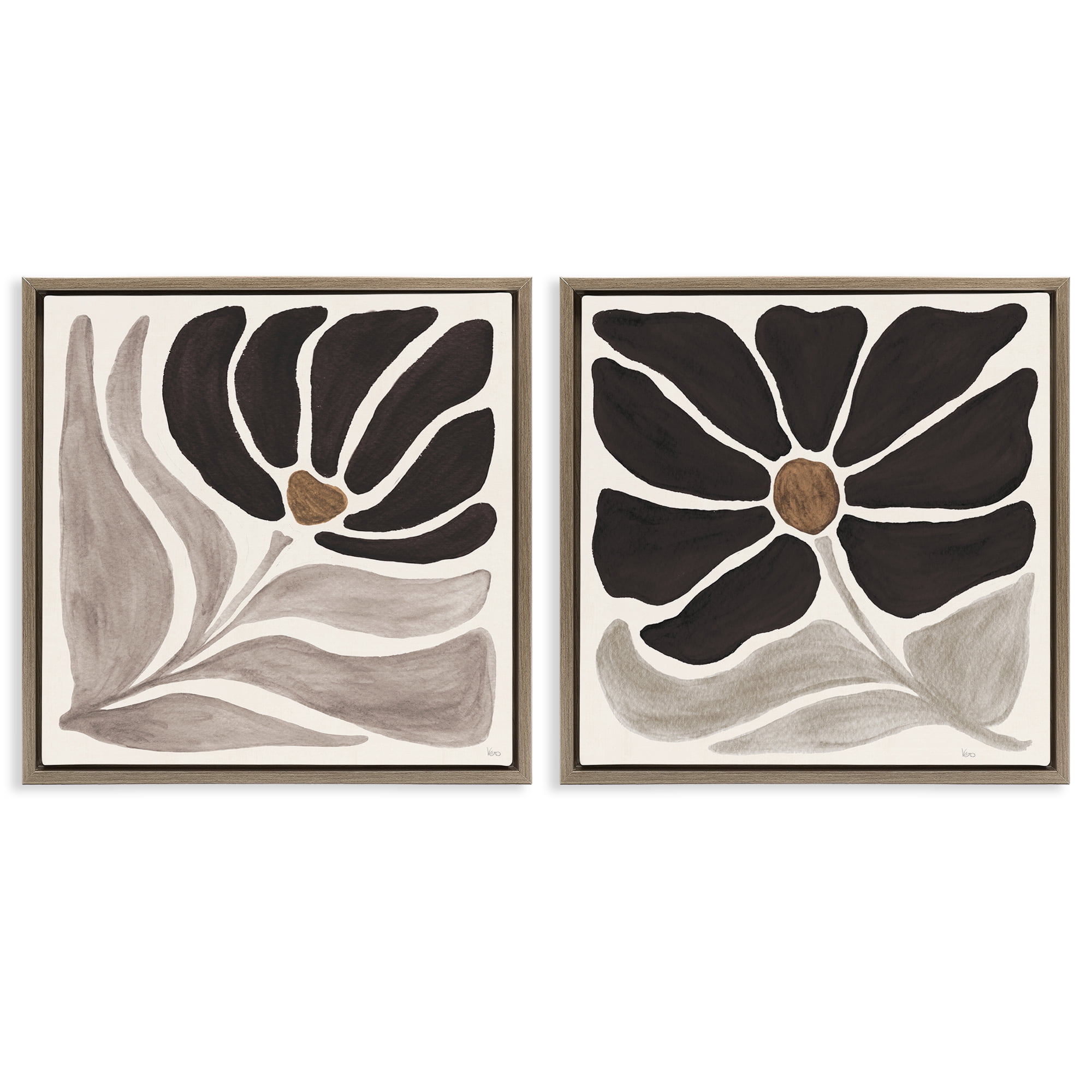 Stupell Industries Large Modern Flower Plants & Flowers Painting Brown Floater Framed Canvas Art Print Wall Art, 18 x 18, Set of 2
