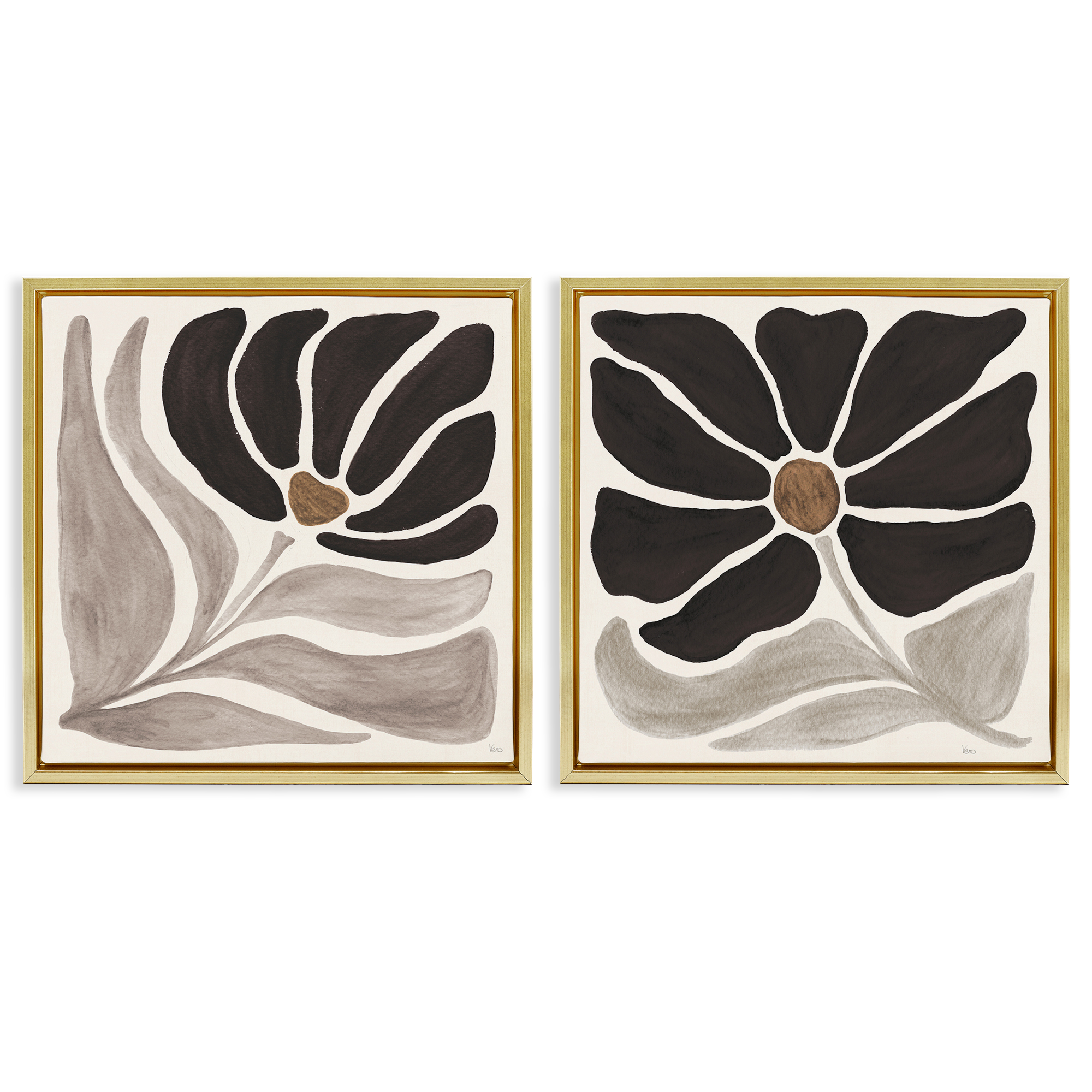 Stupell Industries Large Modern Flower Plants & Flowers Painting Gold Floater Framed Canvas Art Print Wall Art, 18 x 18, Set of 2