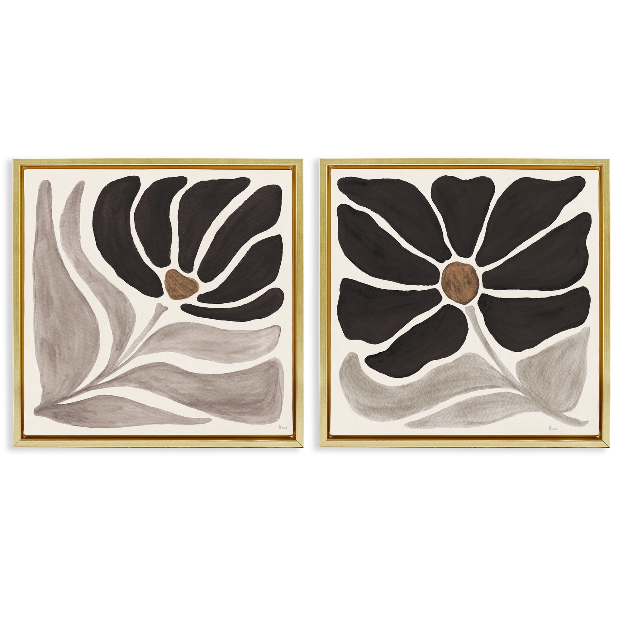 Stupell Industries Large Modern Flower Plants & Flowers Painting Gold Floater Framed Canvas Art Print Wall Art, 25 x 25, Set of 2