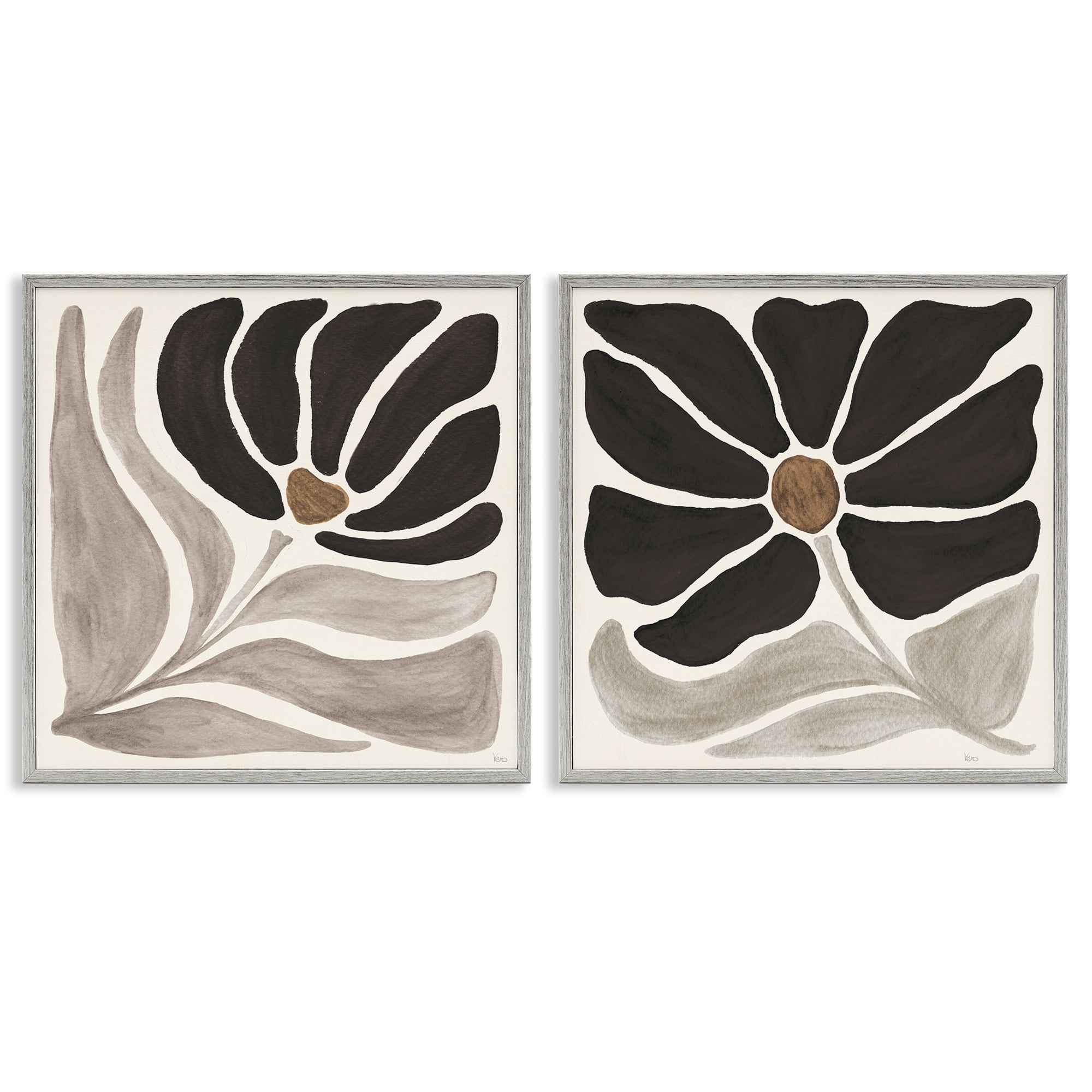 Stupell Industries Large Modern Flower Plants & Flowers Painting Gray Framed Art Print Wall Art, 12 x 12, Set of 2