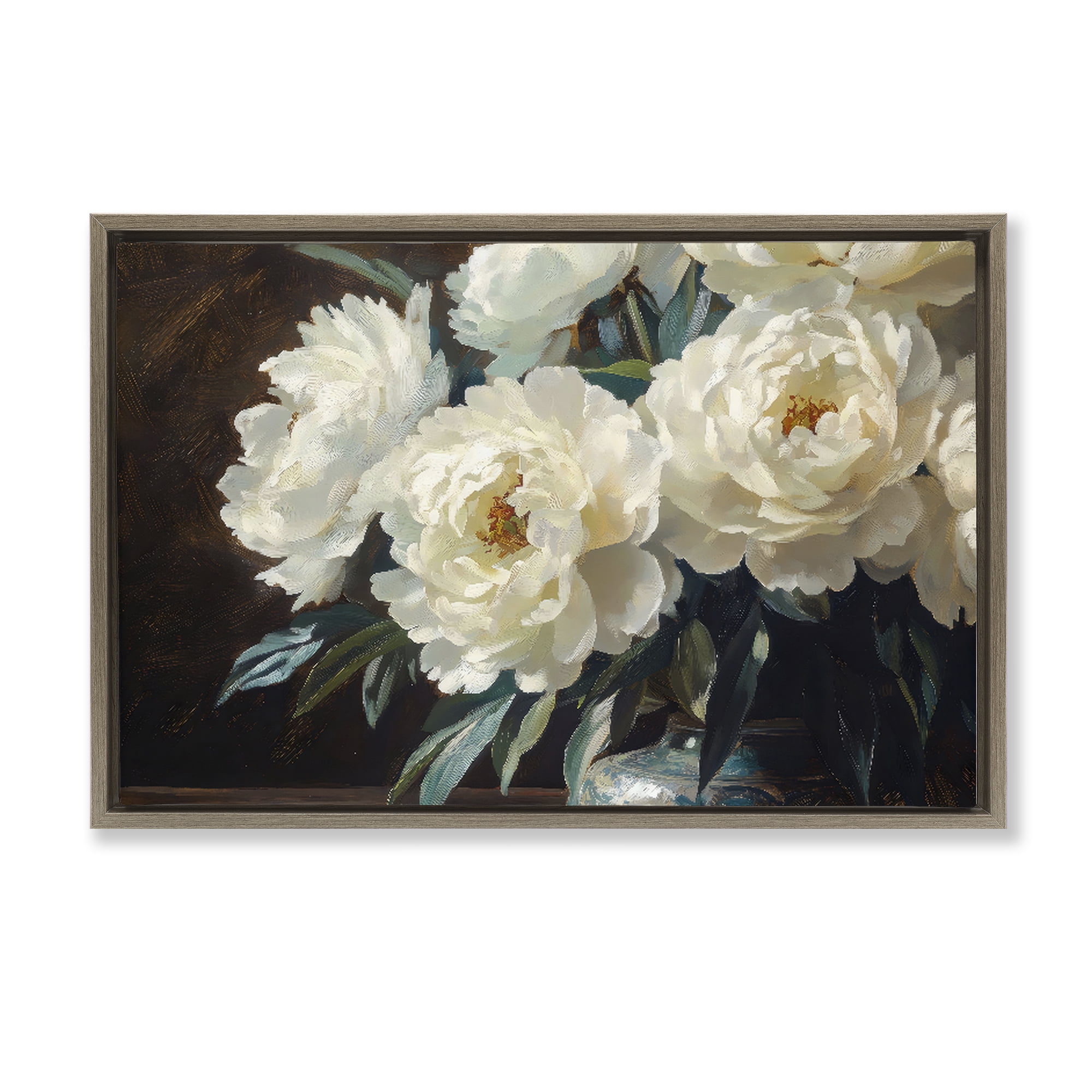 Stupell Industries Large Moody White Floral Brown Framed Floater Canvas Wall Art, design by Petal Prints Design