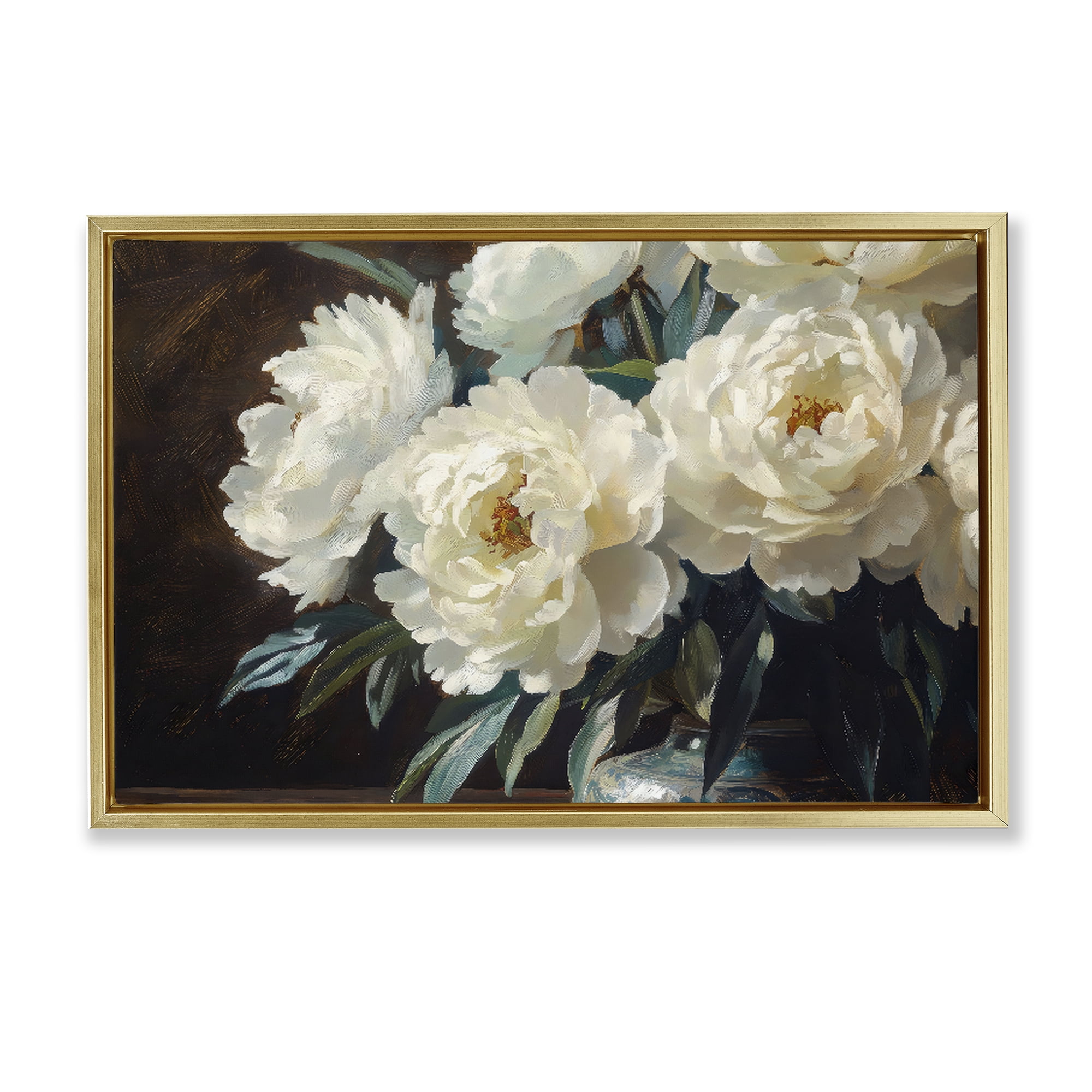 Stupell Industries Large Moody White Floral Gold Framed Floater Canvas Wall Art, design by Petal Prints Design