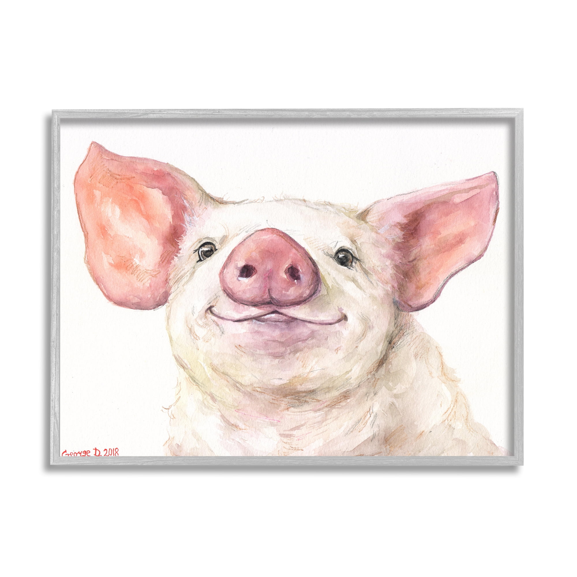 Stupell Industries Large Pig Head Animal Watercolor Painting Gray Framed Art Print Wall Art, 24x30, by George Dyachenko