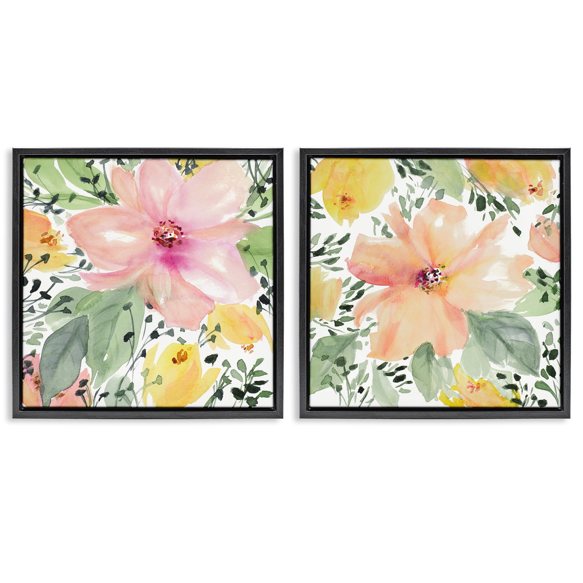 Stupell Industries Large Pink and Coral Bloom Plants & Flowers Painting Black Floater Framed Canvas Art Print Wall Art, 18 x 18, Set of 2