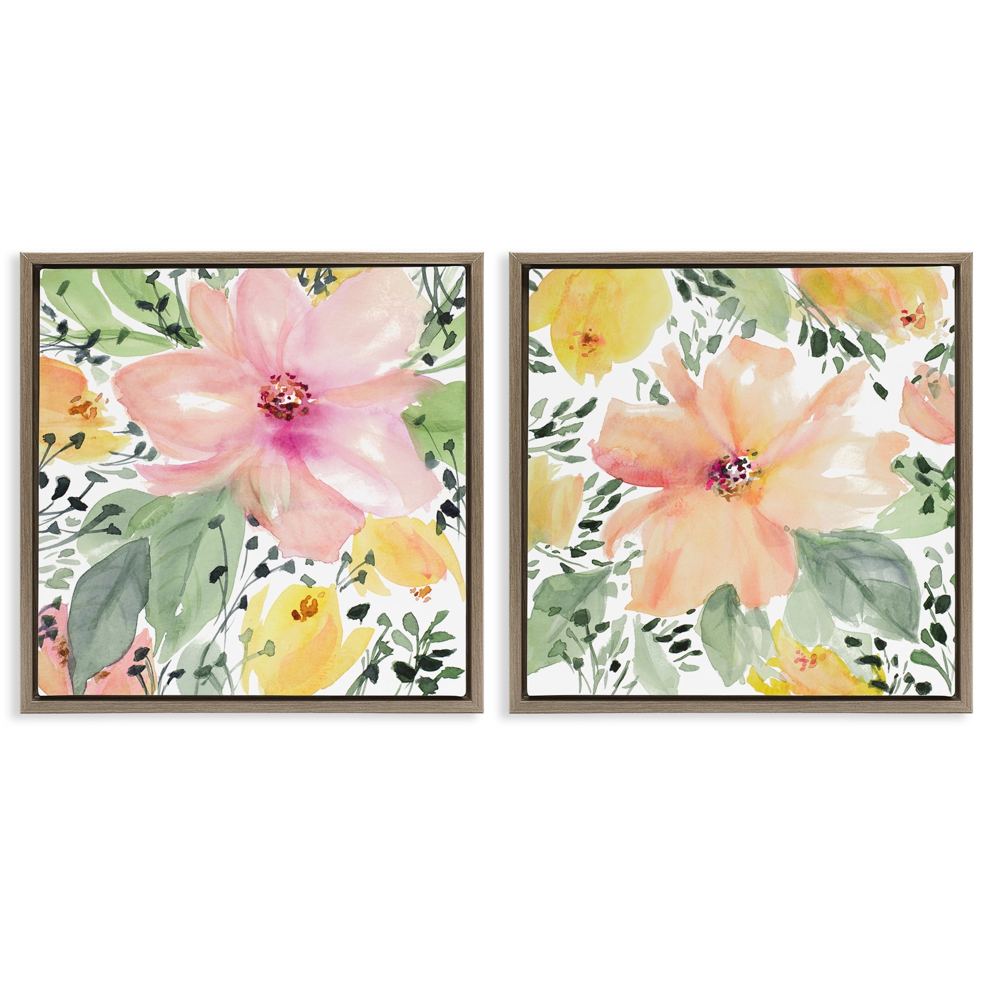 Stupell Industries Large Pink and Coral Bloom Plants & Flowers Painting Brown Floater Framed Canvas Art Print Wall Art, 18 x 18, Set of 2