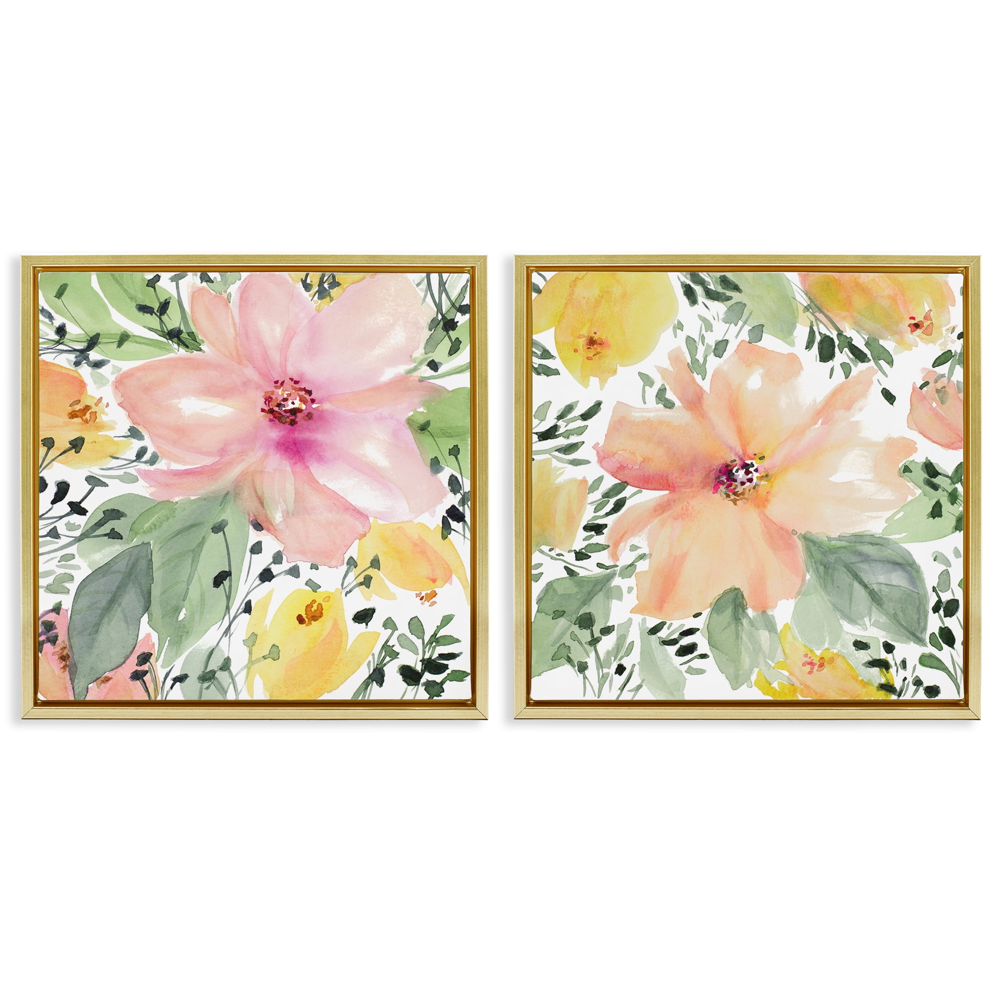 Stupell Industries Large Pink and Coral Bloom Plants & Flowers Painting Gold Floater Framed Canvas Art Print Wall Art, 18 x 18, Set of 2