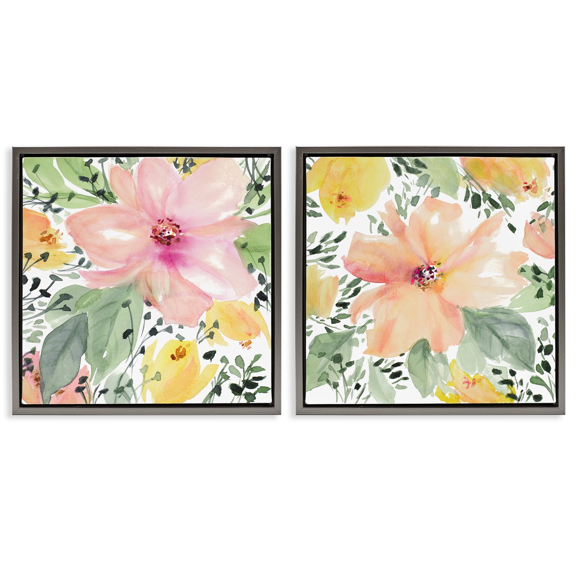 Stupell Industries Large Pink and Coral Bloom Plants & Flowers Painting Gray Floater Framed Canvas Art Print Wall Art, 18 x 18, Set of 2