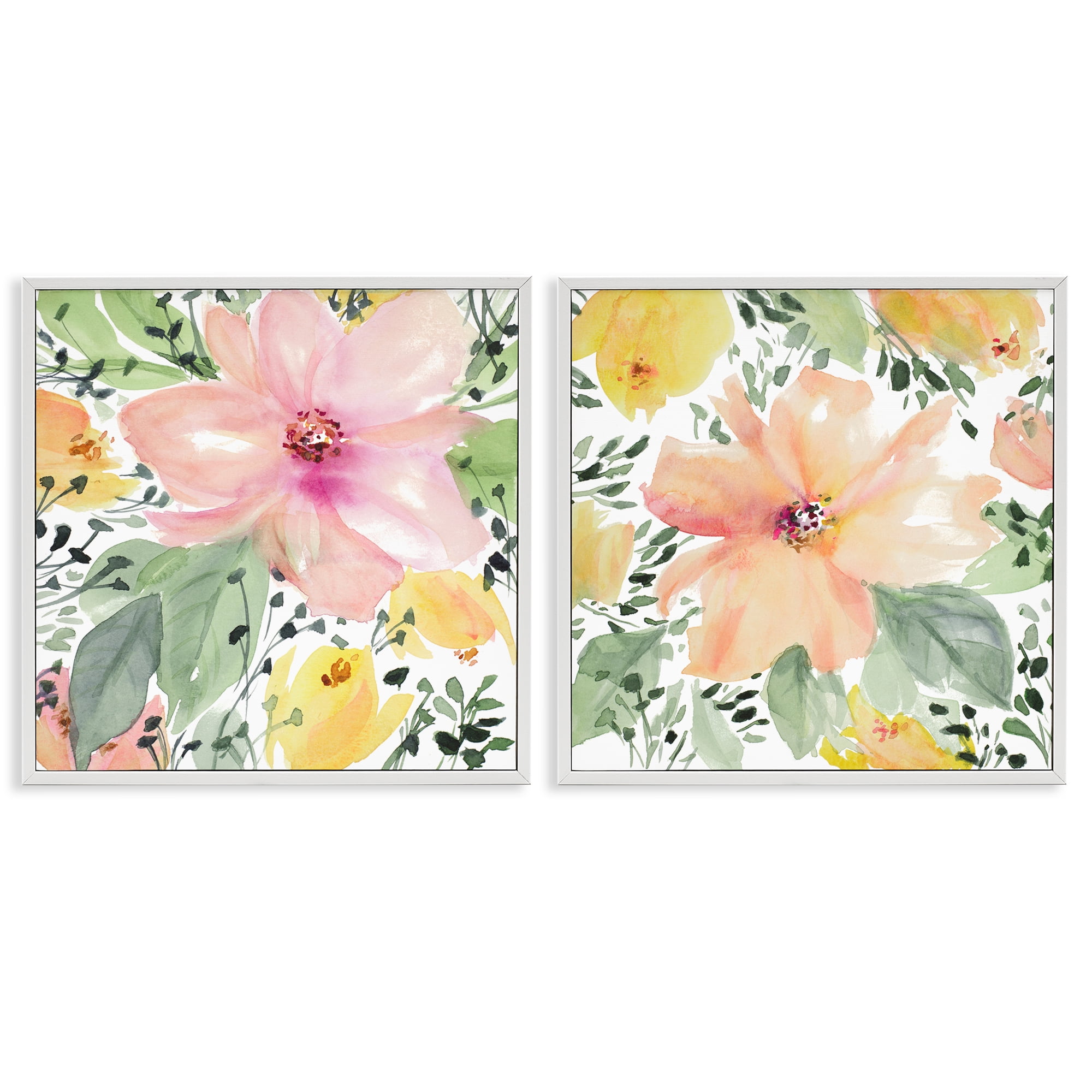 Stupell Industries Large Pink and Coral Bloom Plants & Flowers Painting White Framed Art Print Wall Art, 24 x 24, Set of 2