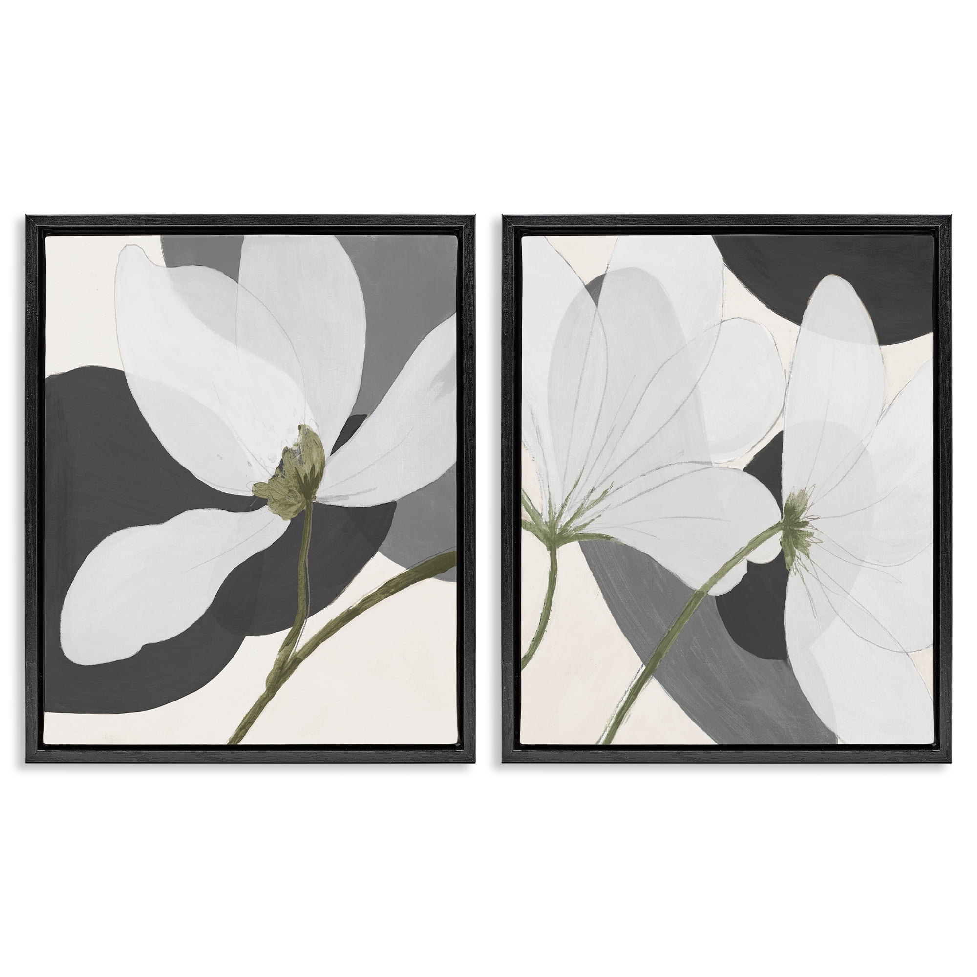 Stupell Industries Large White Petal Drawing Plants & Flowers Painting Black Floater Framed Canvas Art Print Wall Art, 17 x 21, Set of 2