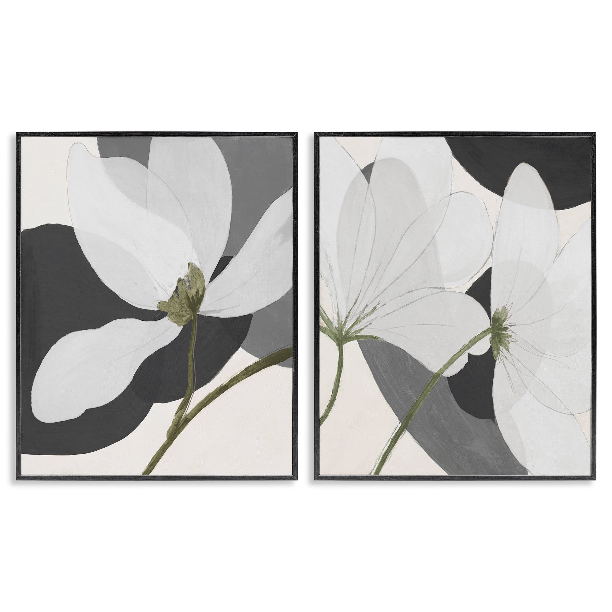 Stupell Industries Large White Petal Drawing Plants & Flowers Painting Black Framed Art Print Wall Art, 11 x 14, Set of 2