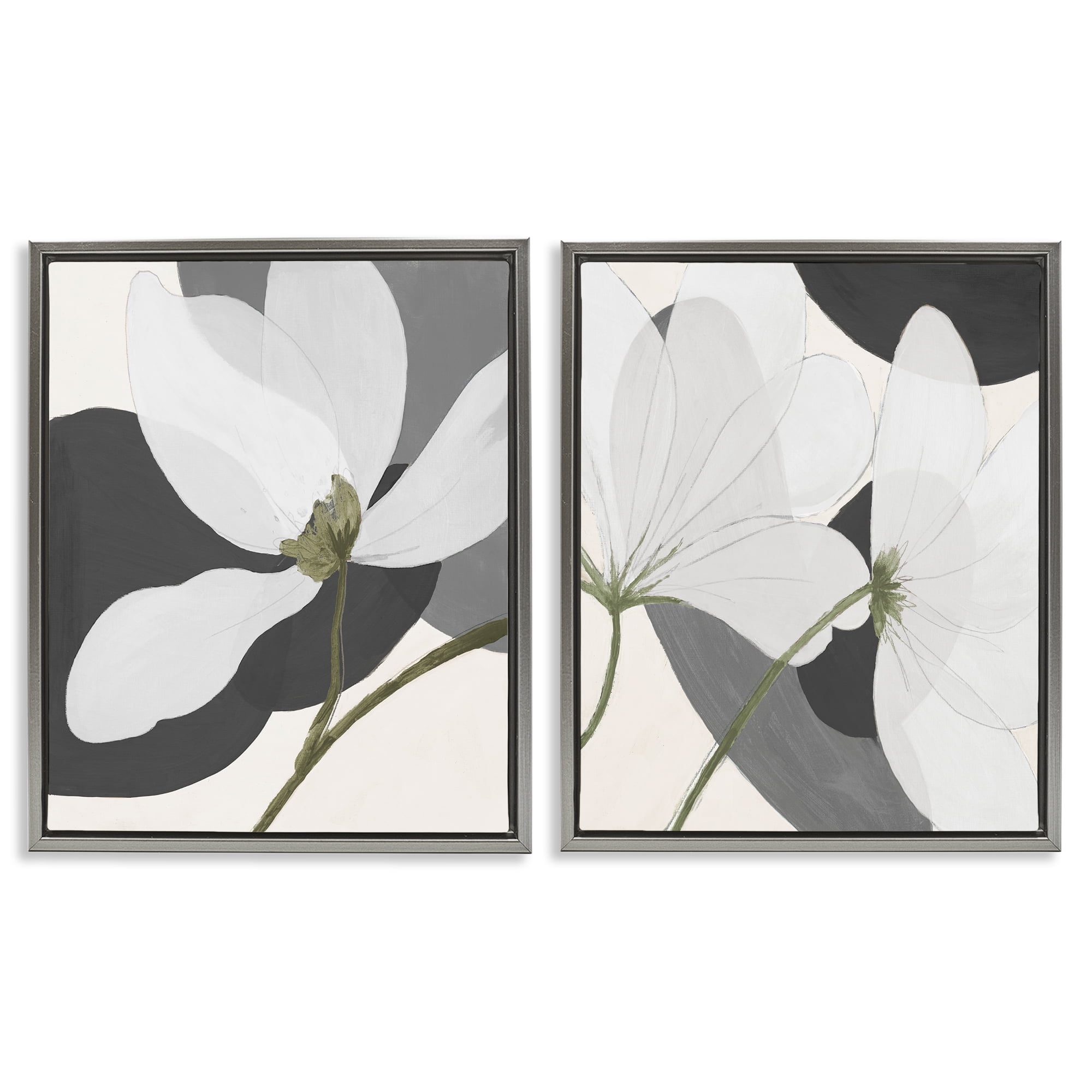 Stupell Industries Large White Petal Drawing Plants & Flowers Painting Gray Floater Framed Canvas Art Print Wall Art, 31 x 25, Set of 2