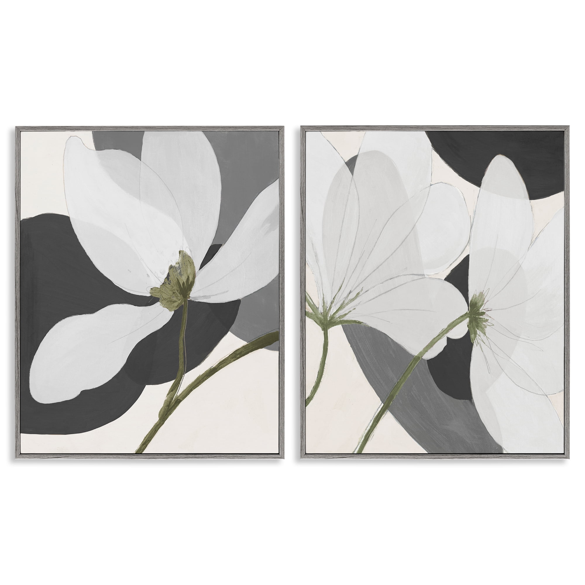 Stupell Industries Large White Petal Drawing Plants & Flowers Painting Gray Framed Art Print Wall Art, 11 x 14, Set of 2