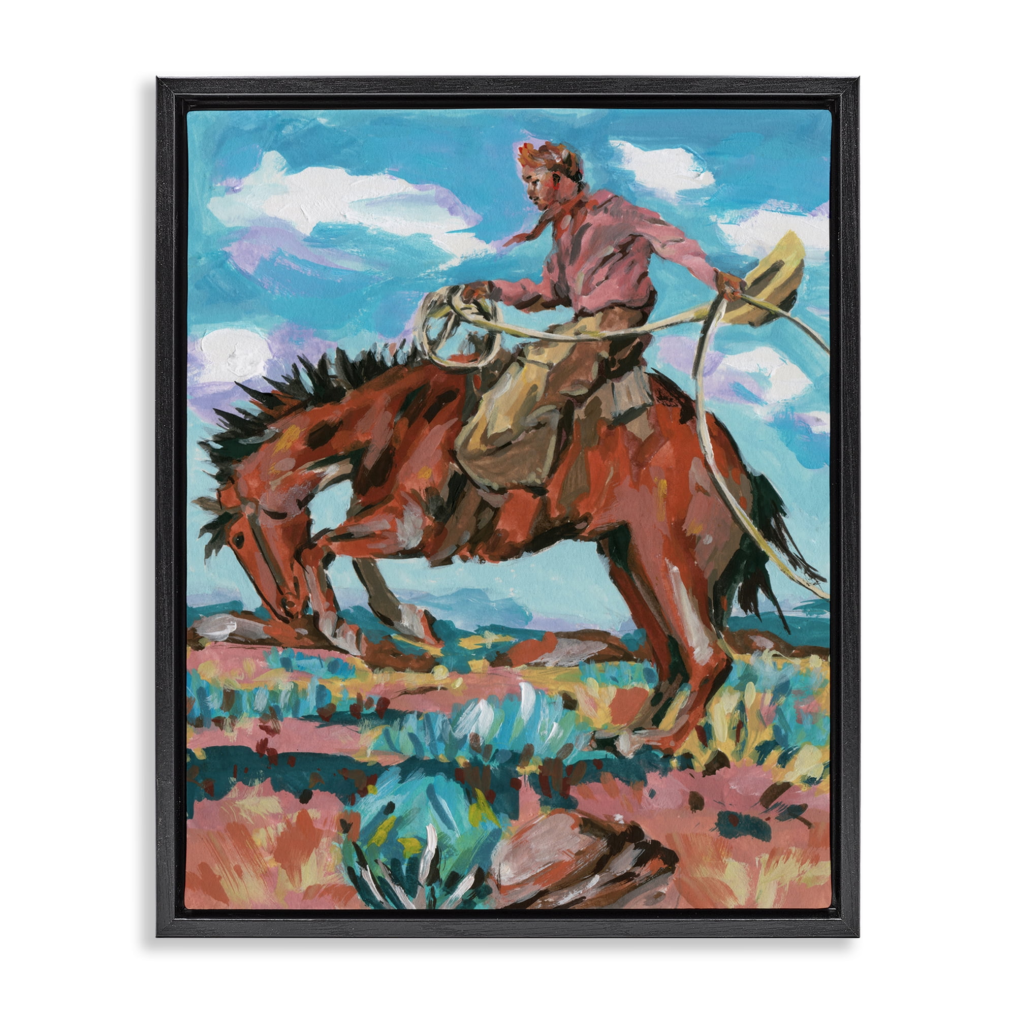 Stupell Industries Lassoing Cowboy Scene Animals Painting Black Floater Framed Canvas Art Print Wall Art, 25 x 31