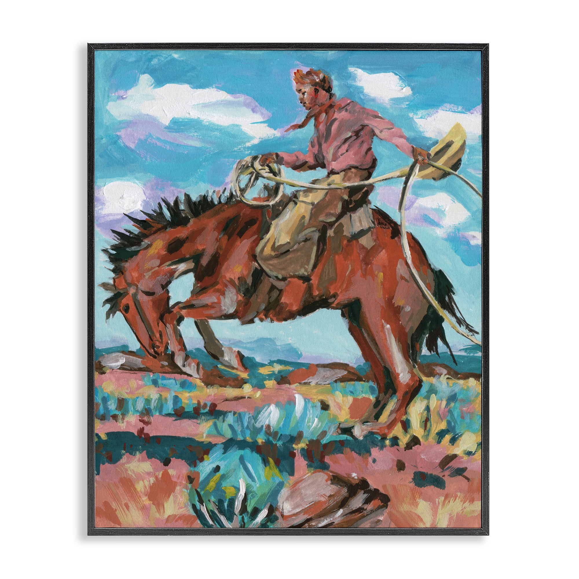 Stupell Industries Lassoing Cowboy Scene Animals Painting Black Framed Art Print Wall Art, 24 x 30