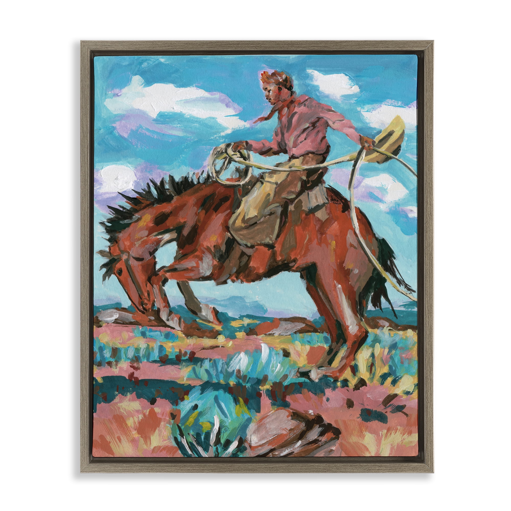 Stupell Industries Lassoing Cowboy Scene Animals Painting Brown Floater Framed Canvas Art Print Wall Art, 25 x 31