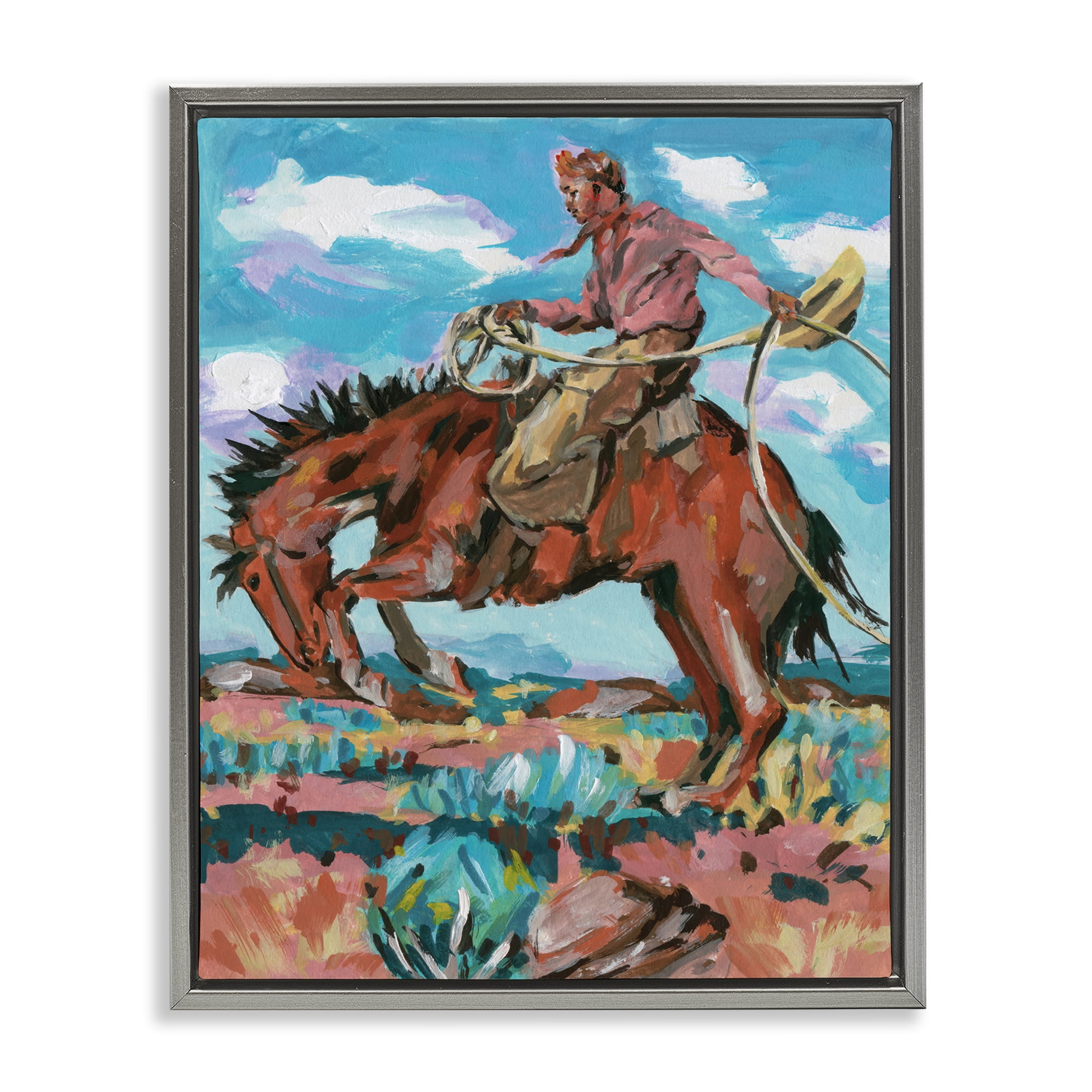 Stupell Industries Lassoing Cowboy Scene Animals Painting Gray Floater Framed Canvas Art Print Wall Art, 17 x 21