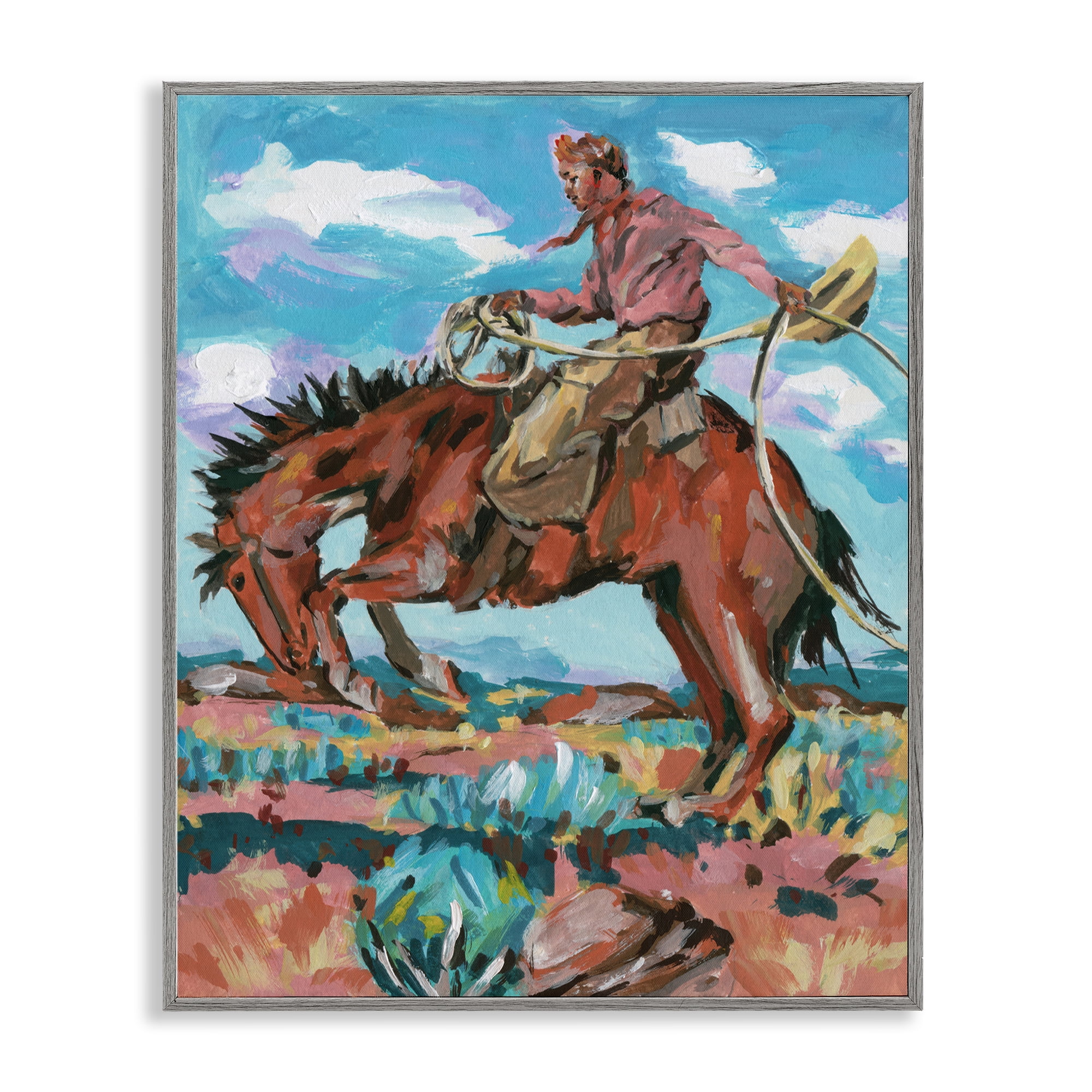 Stupell Industries Lassoing Cowboy Scene Animals Painting Gray Framed Art Print Wall Art, 11 x 14