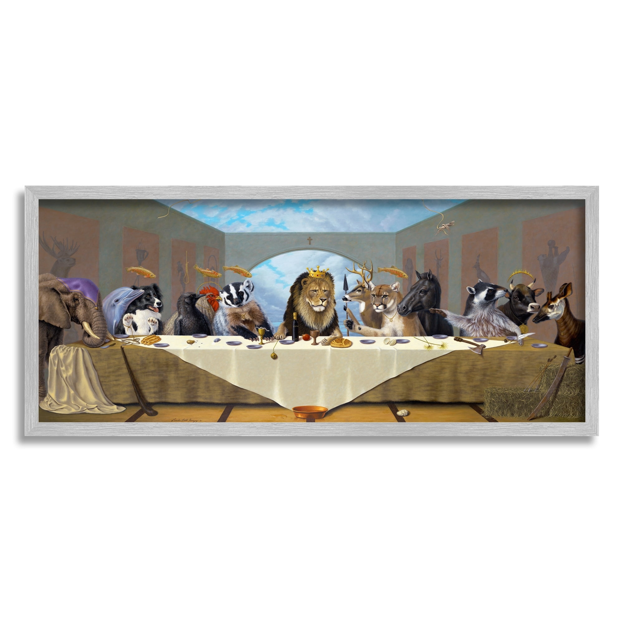Stupell Industries Last Supper Safari Animal Version King Lion Animals & Insects Painting Gray Framed Art Print Wall Art, 13 x 30