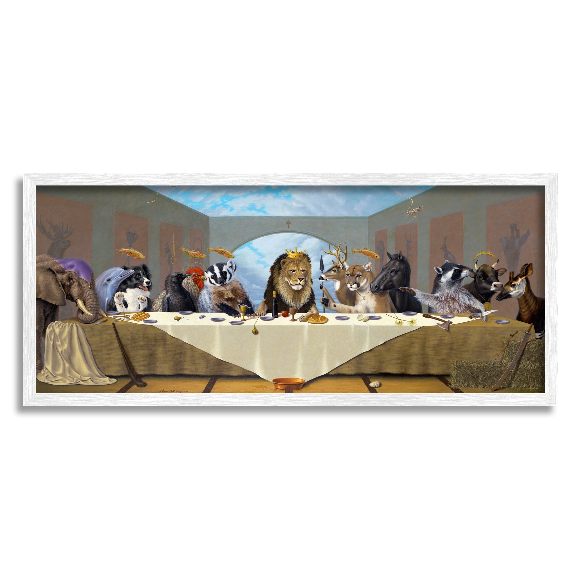 Stupell Industries Last Supper Safari Animal Version King Lion Animals & Insects Painting White Framed Art Print Wall Art, 13 x 30