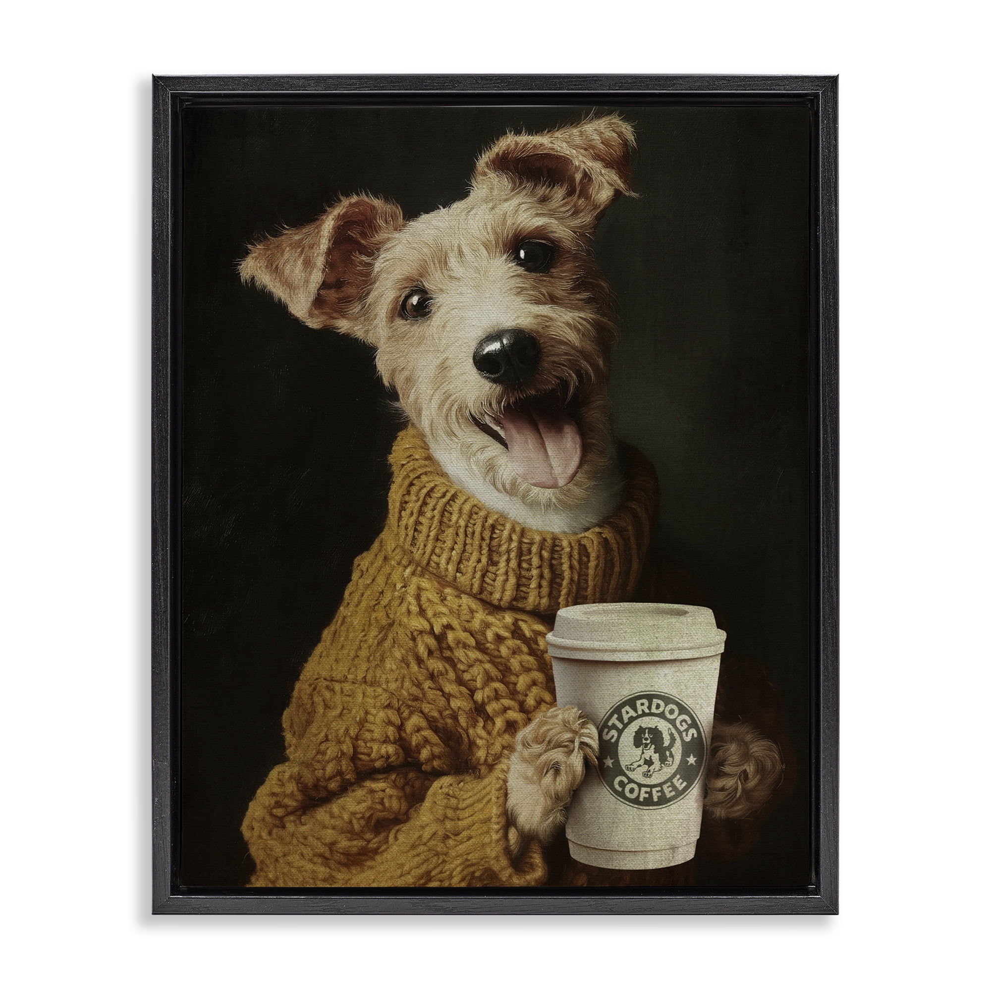 Stupell Industries Latte Lover Dog in Sweater Black Framed Floater Canvas Wall Art, design by Svetlana Aleynikova