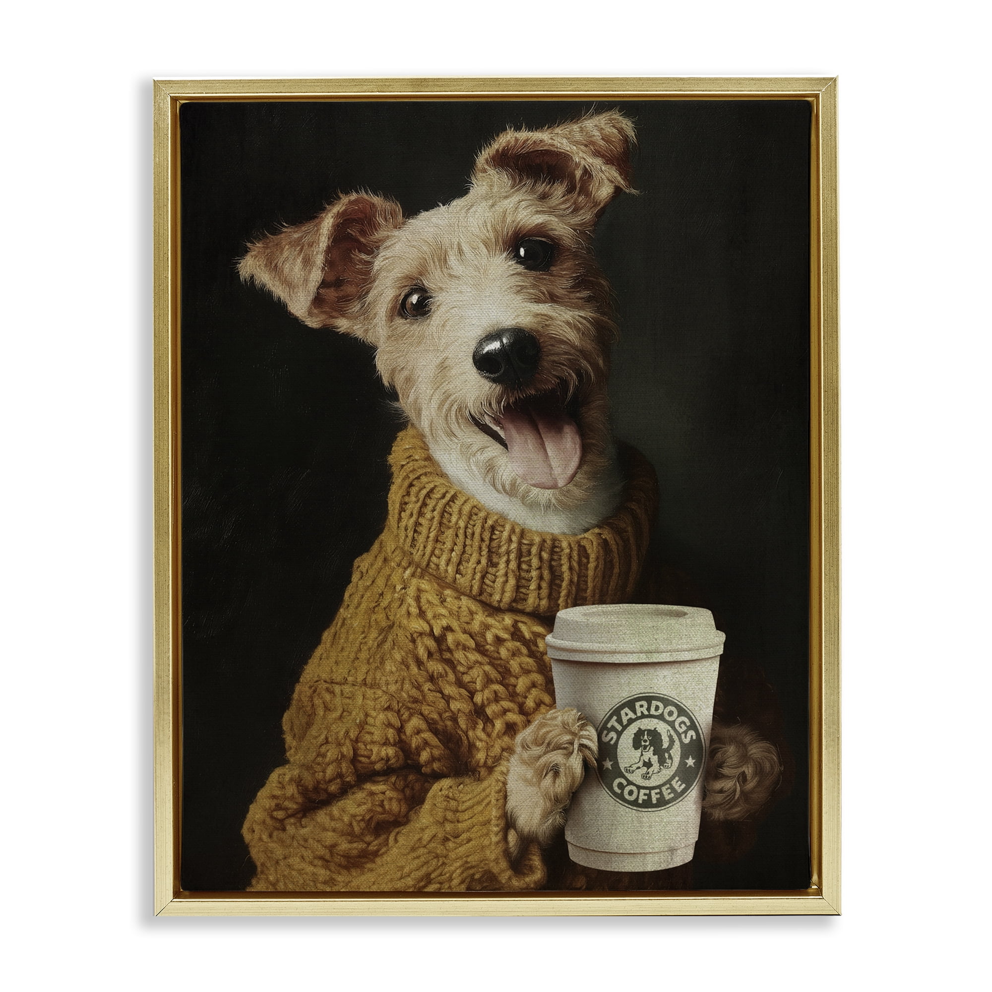 Stupell Industries Latte Lover Dog in Sweater Gold Framed Floater Canvas Wall Art, design by Svetlana Aleynikova