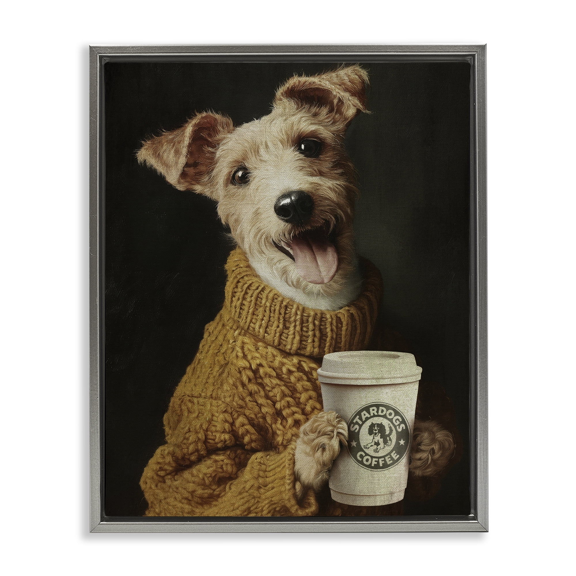 Stupell Industries Latte Lover Dog in Sweater Gray Framed Floater Canvas Wall Art, design by Svetlana Aleynikova